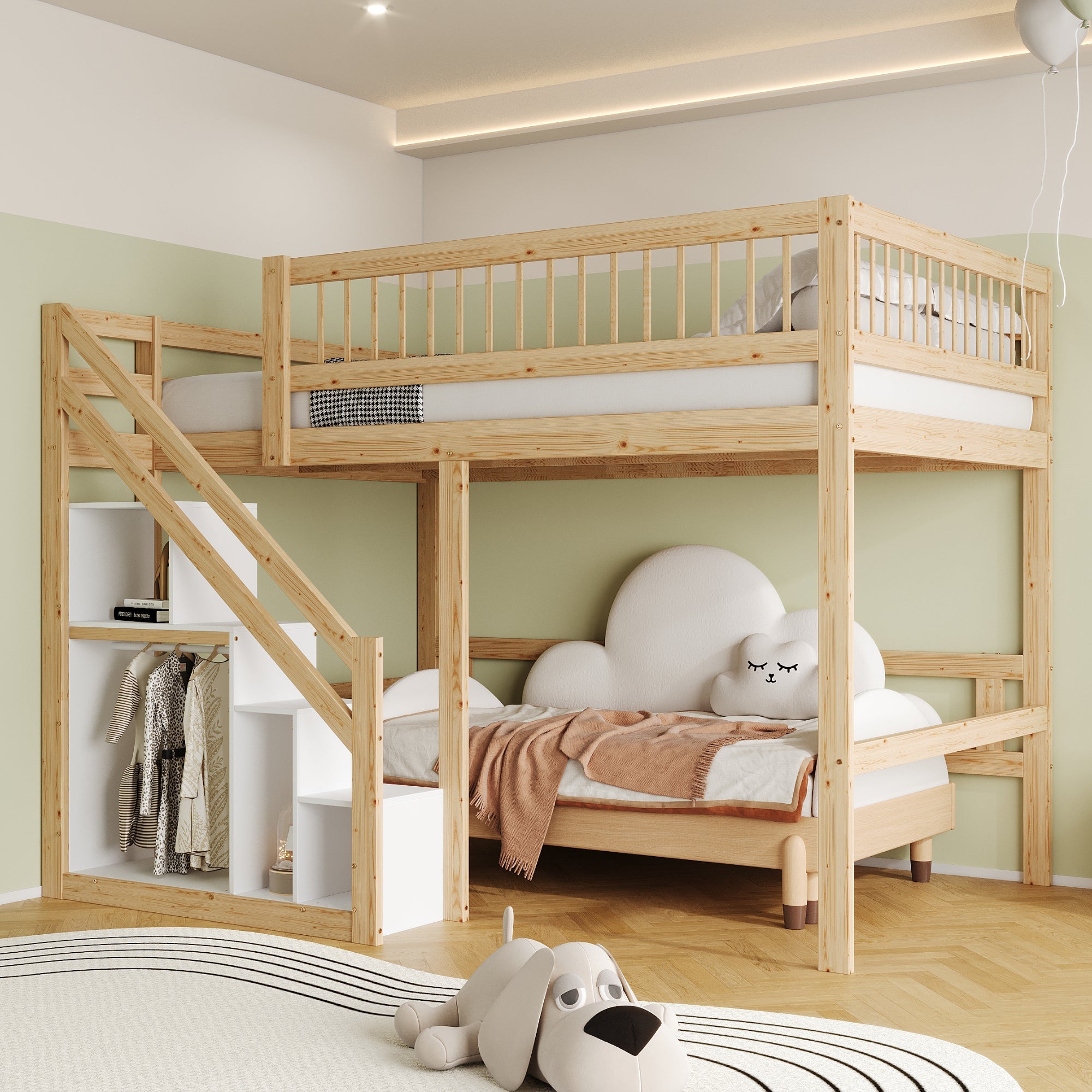 Solid wood bed 140*200, stairs with storage, high railing, wood colour