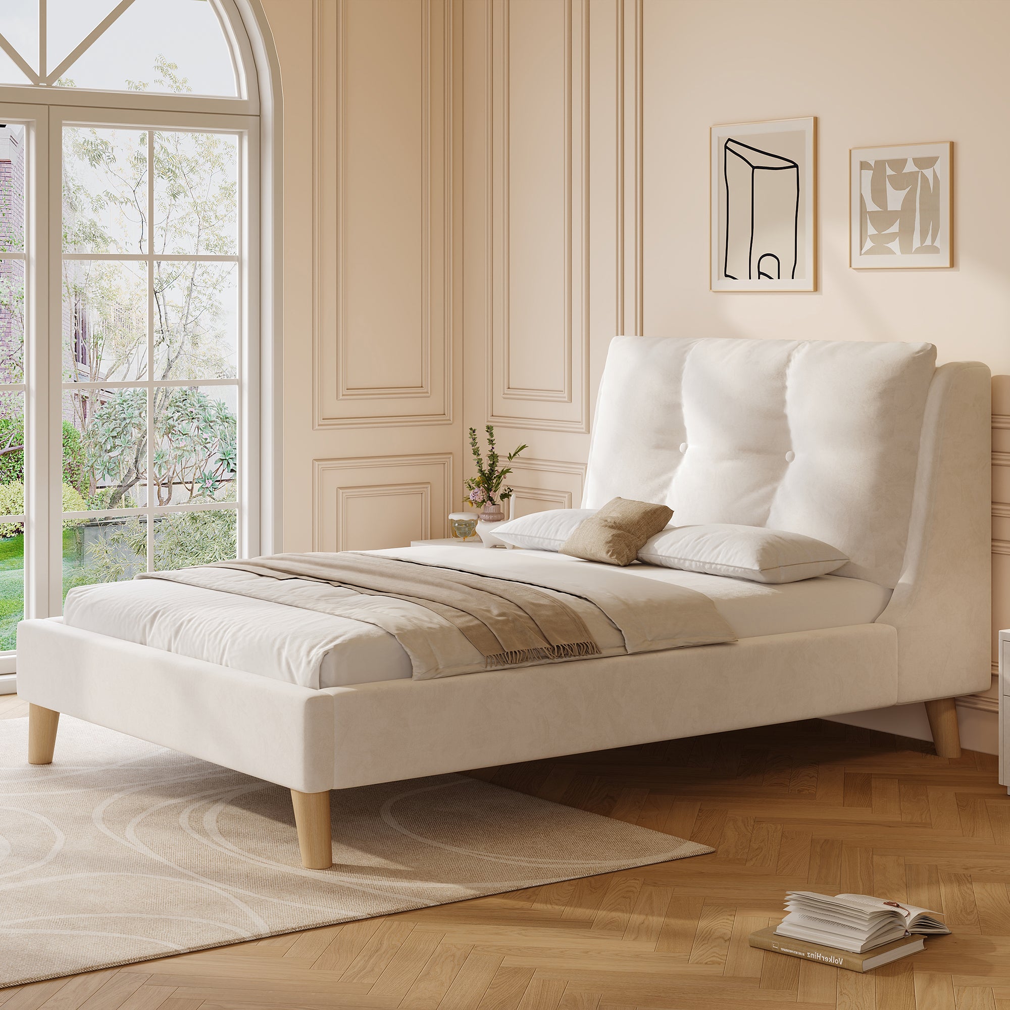 Upholstered Single Bed 90 x 200cm with Slatted Base and Solid Wood Legs, Beige Velvet