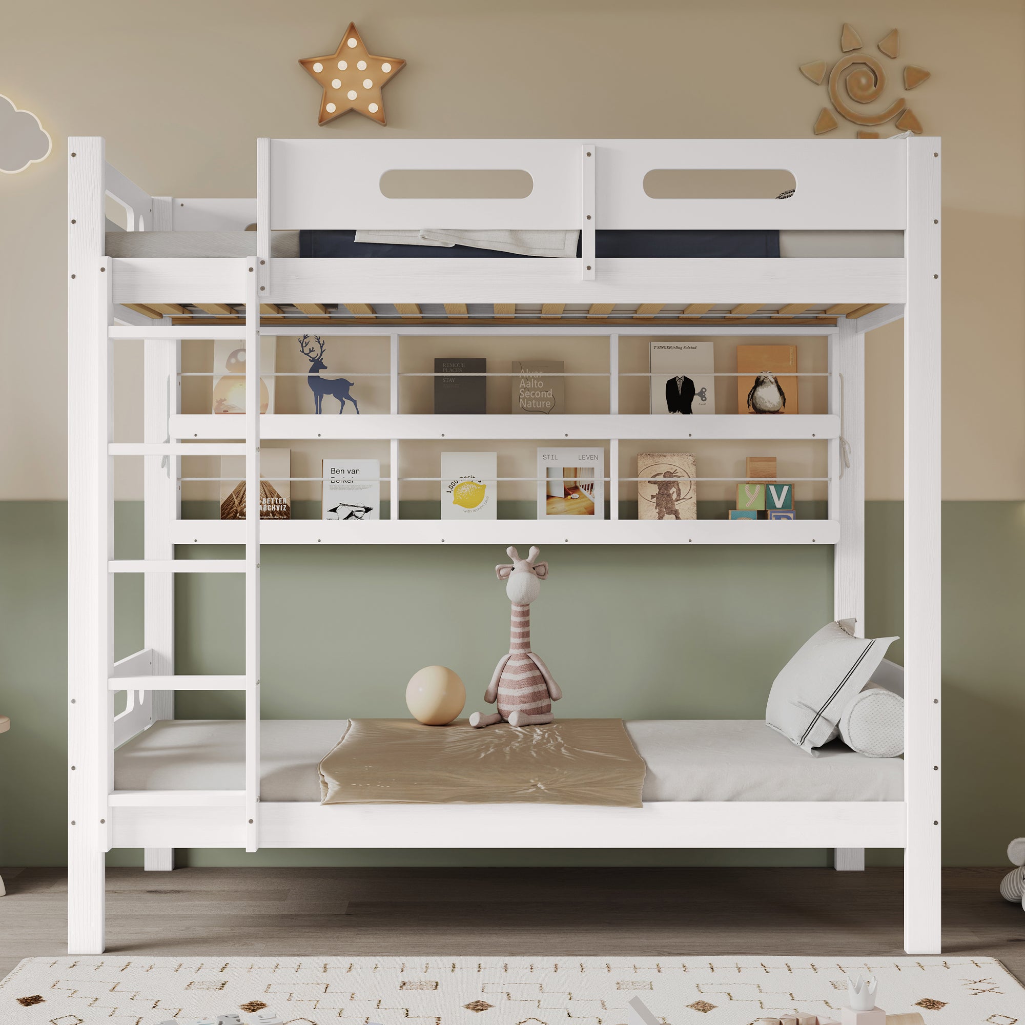 Bunk Bed, Children's with Safety Gate, Open Shelf, 5-Step Ladder, Pine + MDF White, 90x200cm