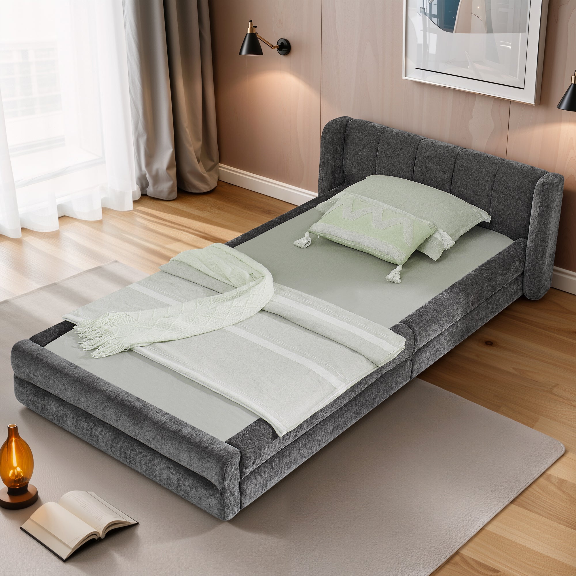 Single Bed 90x200cm Comfortable Backrest - Dark Grey Chenille