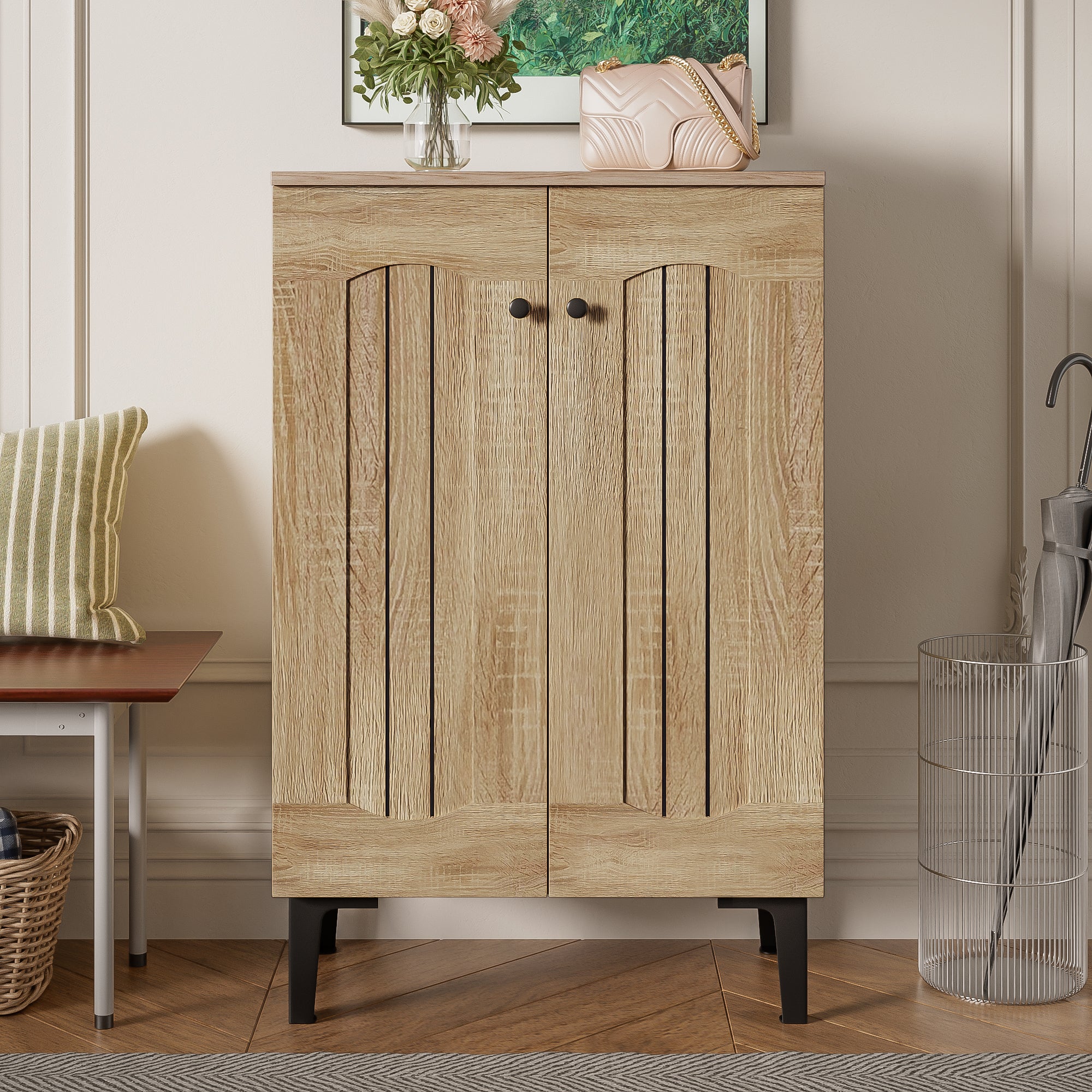 Modern Shoe Cabinet, Double Doors, Large Storage, Multi-Tiered Shelves, Wood Color