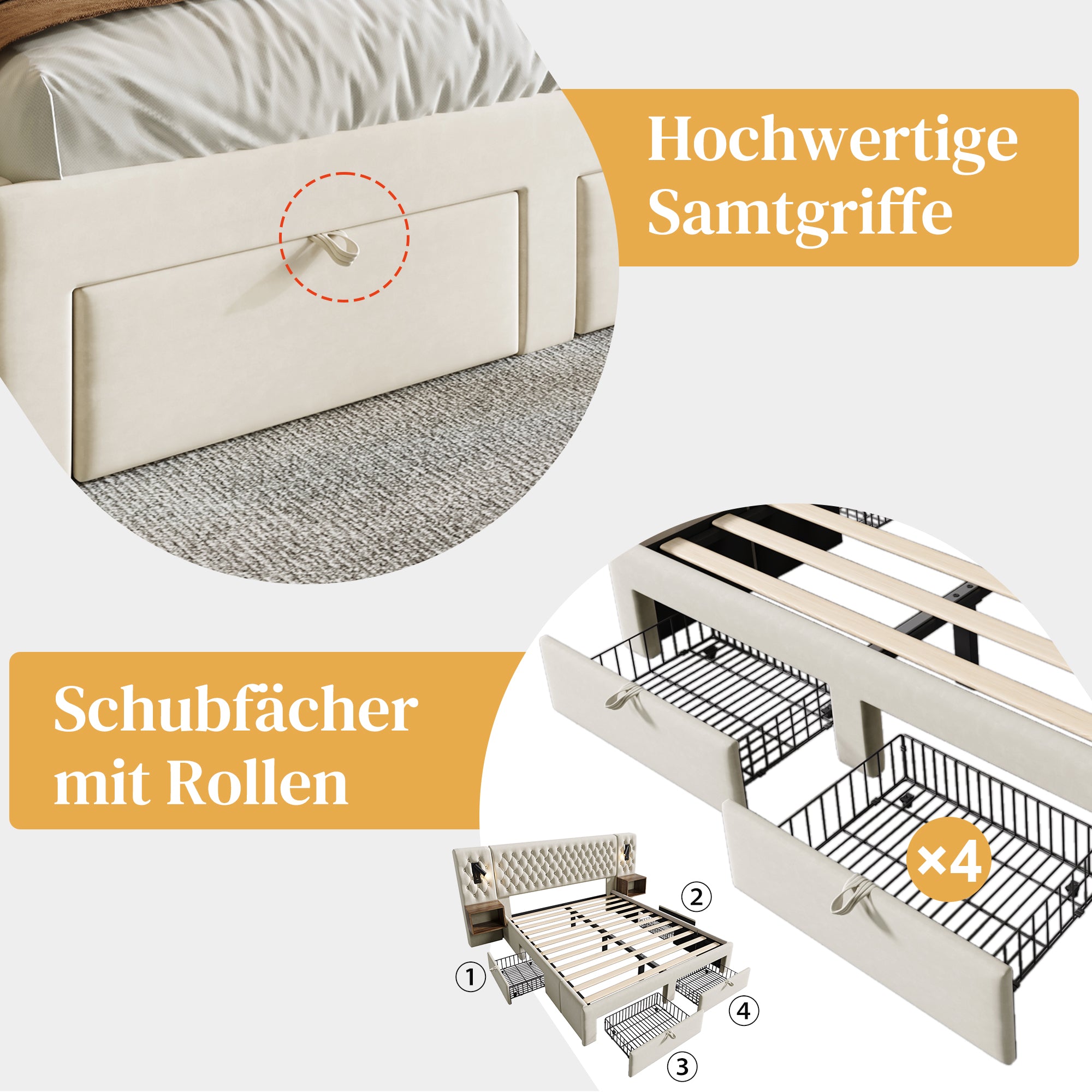 Bedroom Set, Upholstered Double Bed 180x200cm with 2 Nightstands, 4 Drawers, Headboard Reading Light, USB Charging, Beige Velvet