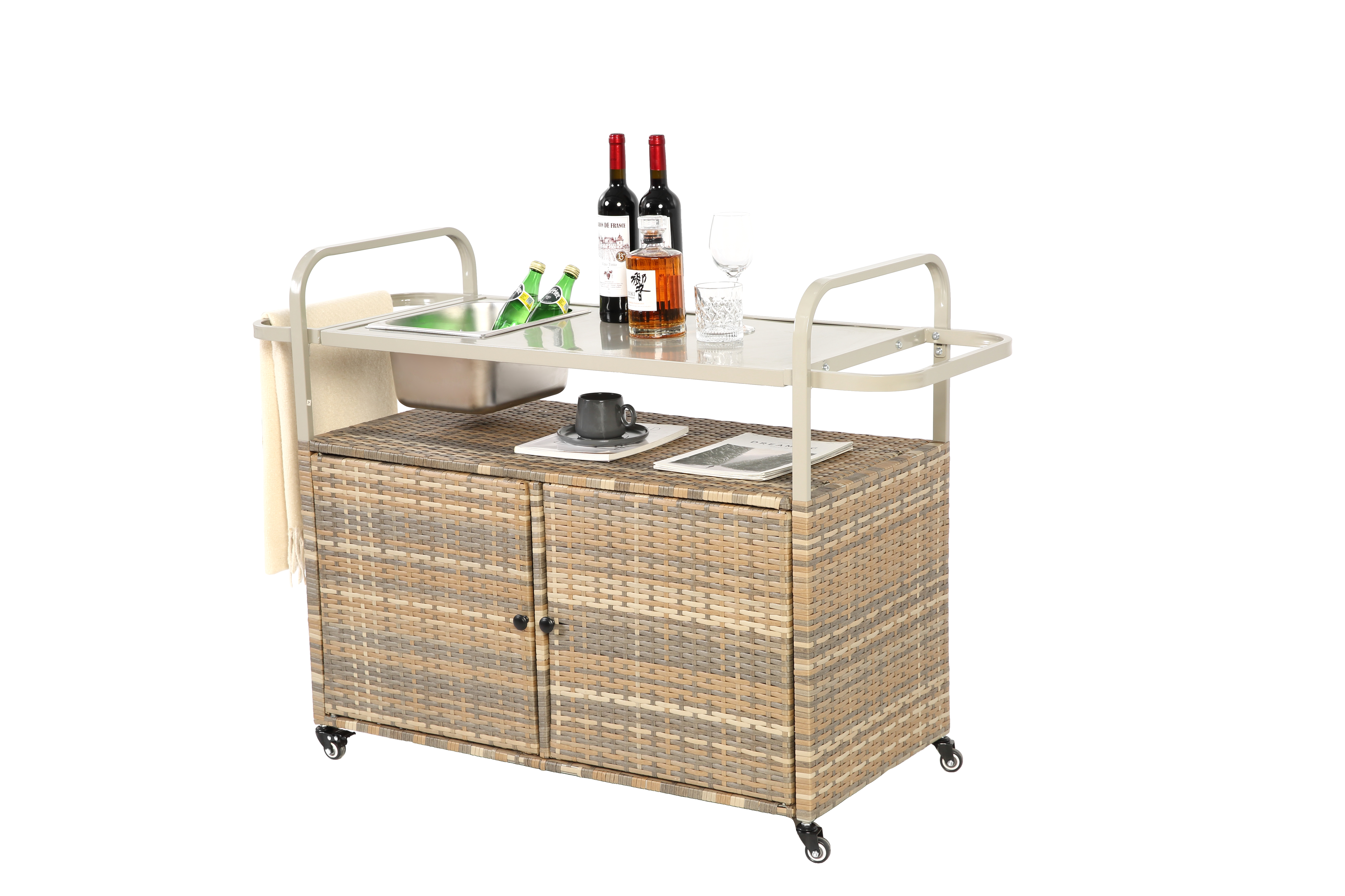 Outdoor Bar Table, Wicker Bar Cart with Cabinet, Steel Top, Ice Bucket, Lockable Wheels, Beige