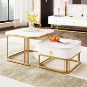 Nestable Coffee Table: High Gloss Marble Exterior, Gold Accents, Side Table with Drawer. Set of Two