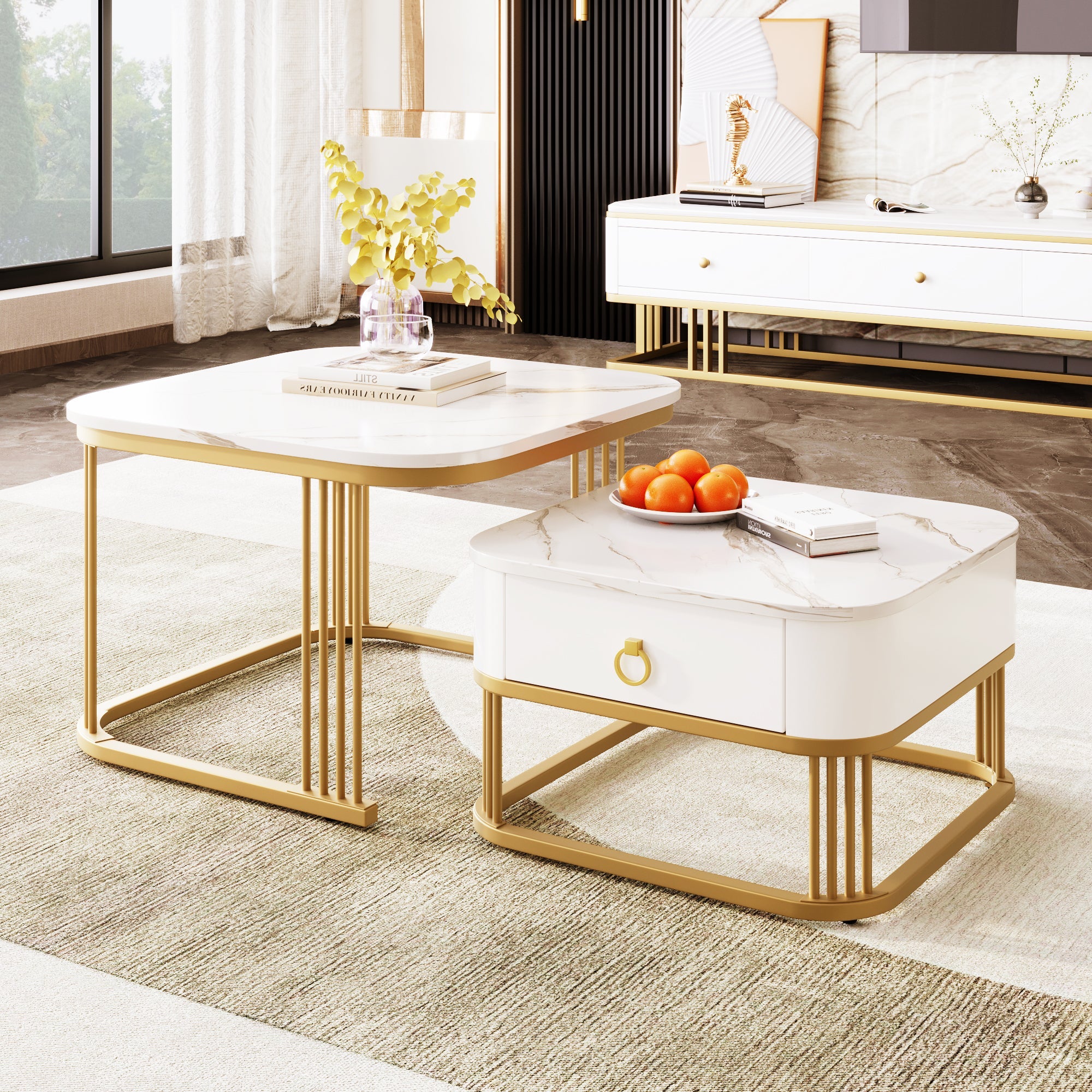Nestable Coffee Table: High Gloss Marble Exterior, Gold Accents, Side Table with Drawer. Set of Two