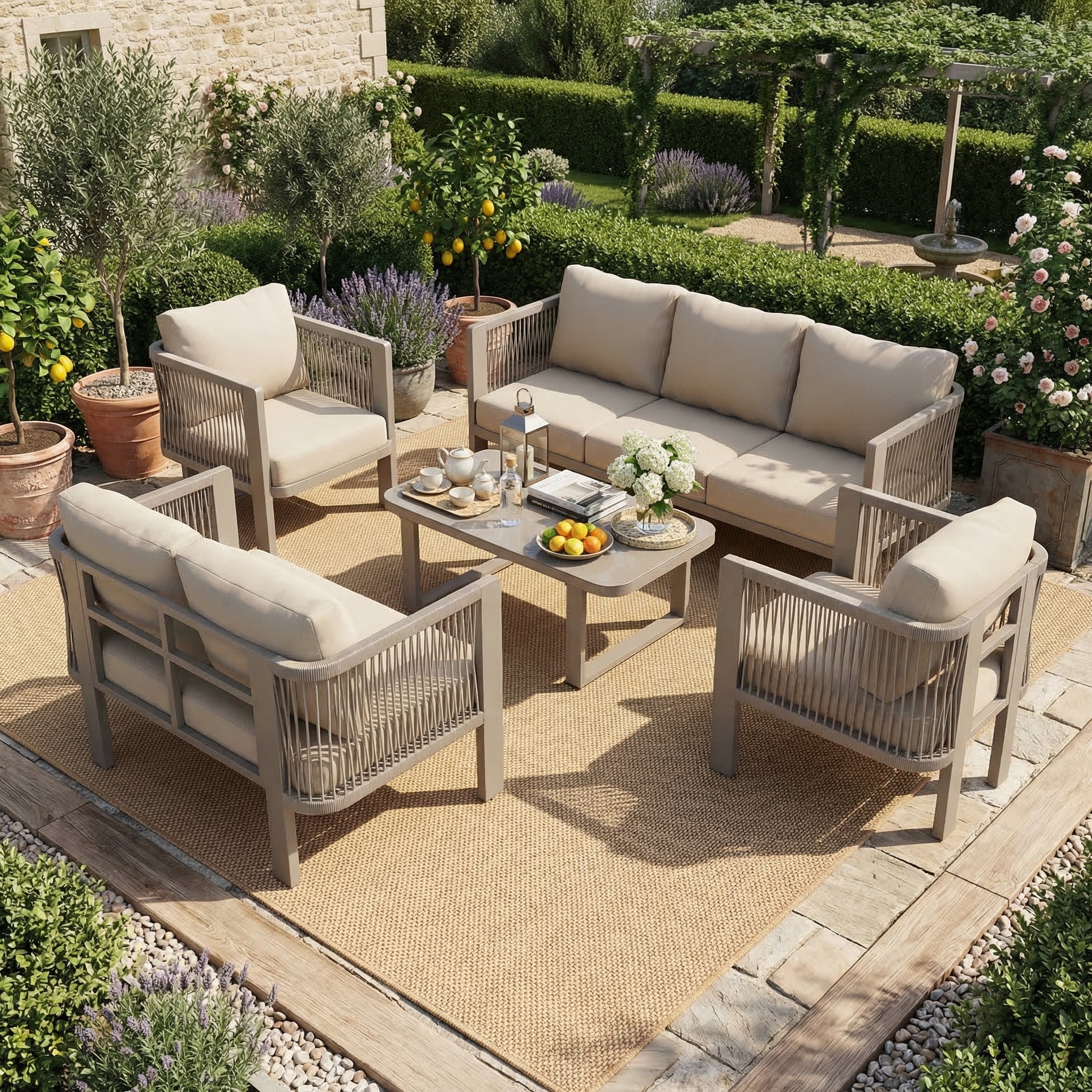 5-Piece Garden Furniture Set with Glass Tabletop and Teslin Rope Weave, Khaki