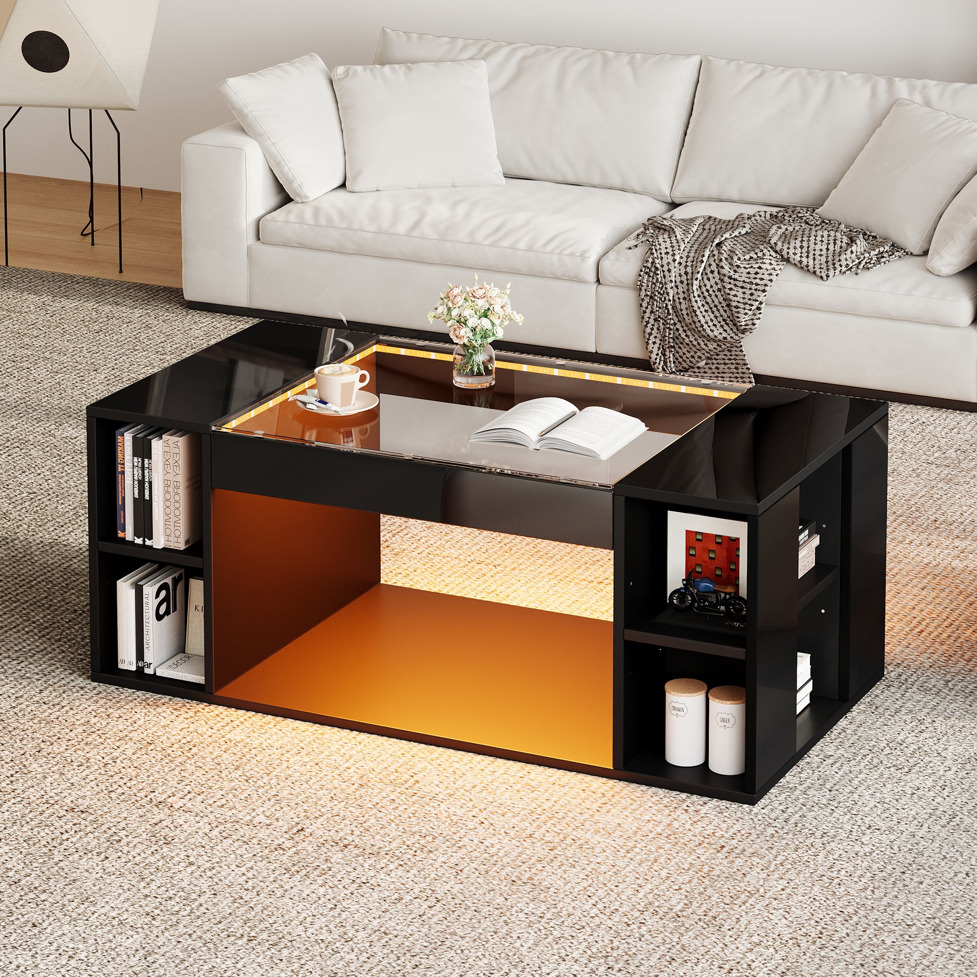 Coffee Table 100x50x40cm LED High-Gloss Tempered Glass Black