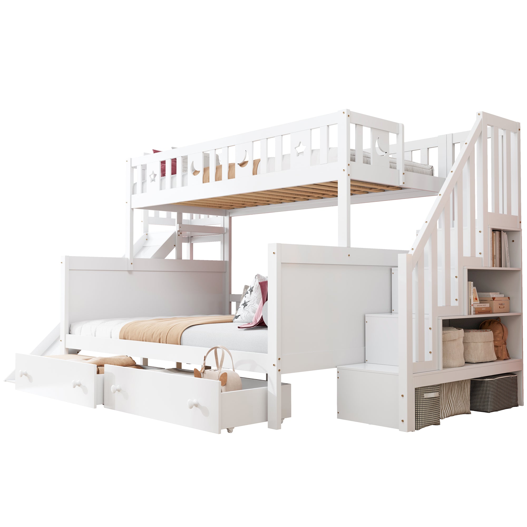 Children's Bed Bunk with Slide, Shelf, Drawers, White