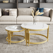 Modular Coffee Table Set, Round Golden Metal Frame, Marble Look