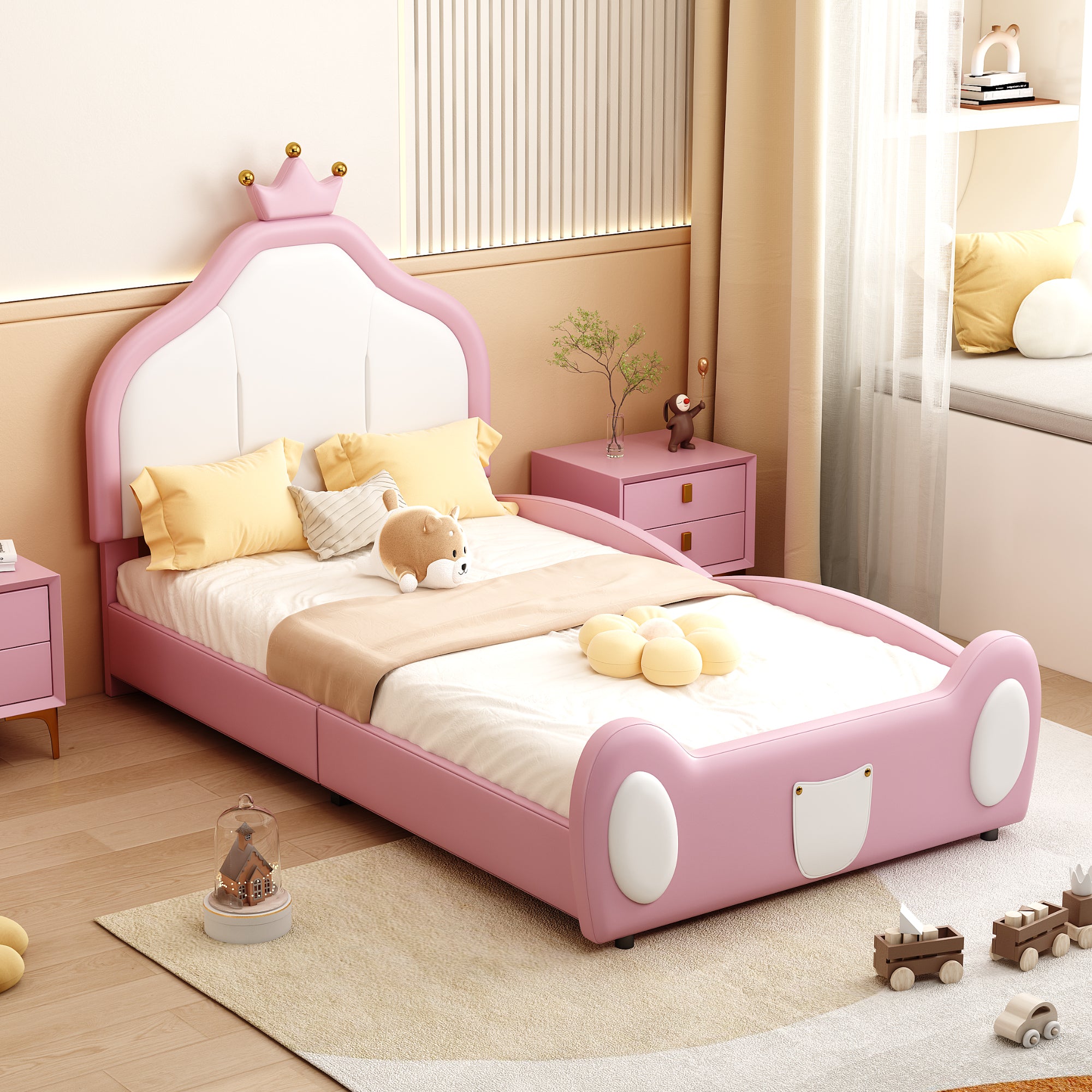 Upholstered Children's Bed 90x200cm Patchwork Design Faux Leather Pink