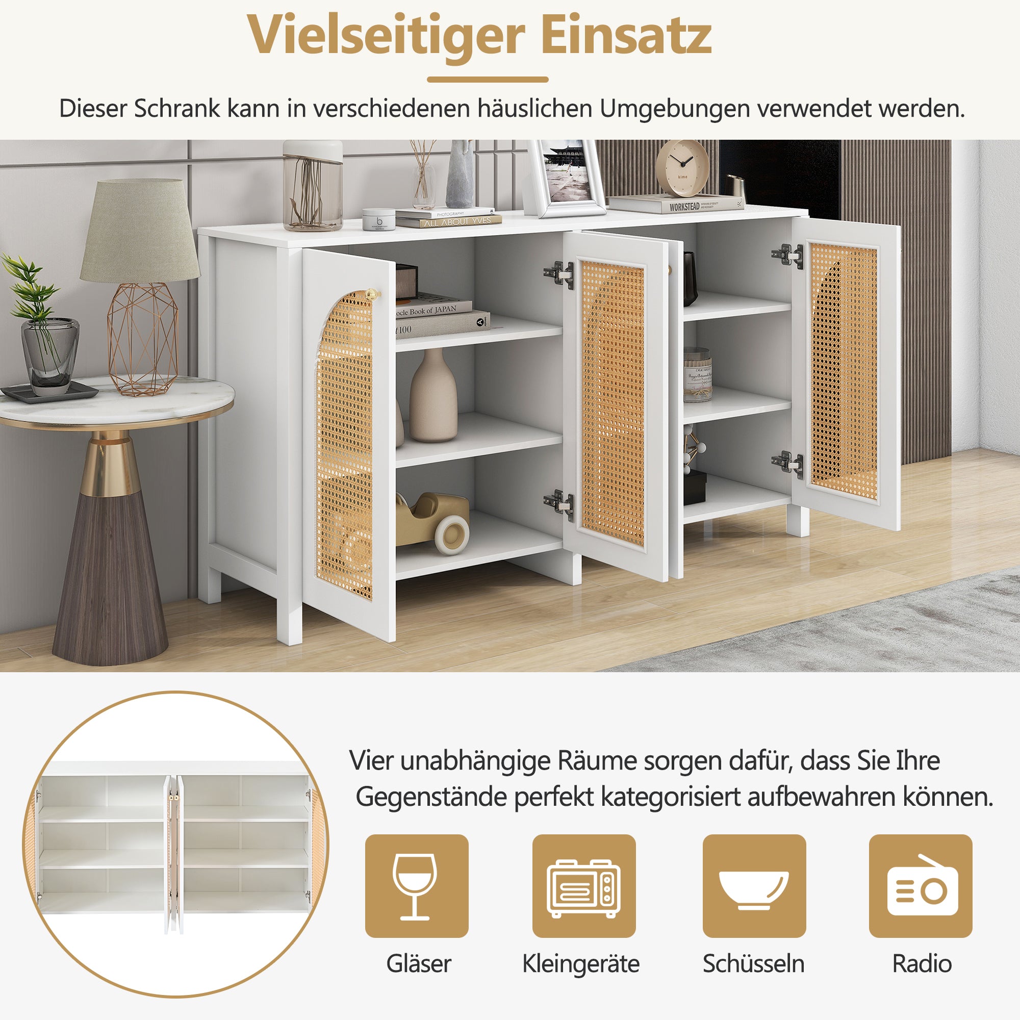 Sideboard, 4 Rattan Doors with Metal Handles, White