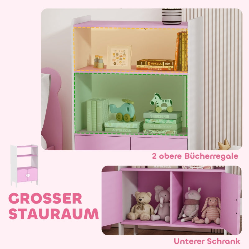 Kids Bookcase, 2 Shelves 2 Cabinets Freestanding, Pink+White MDF