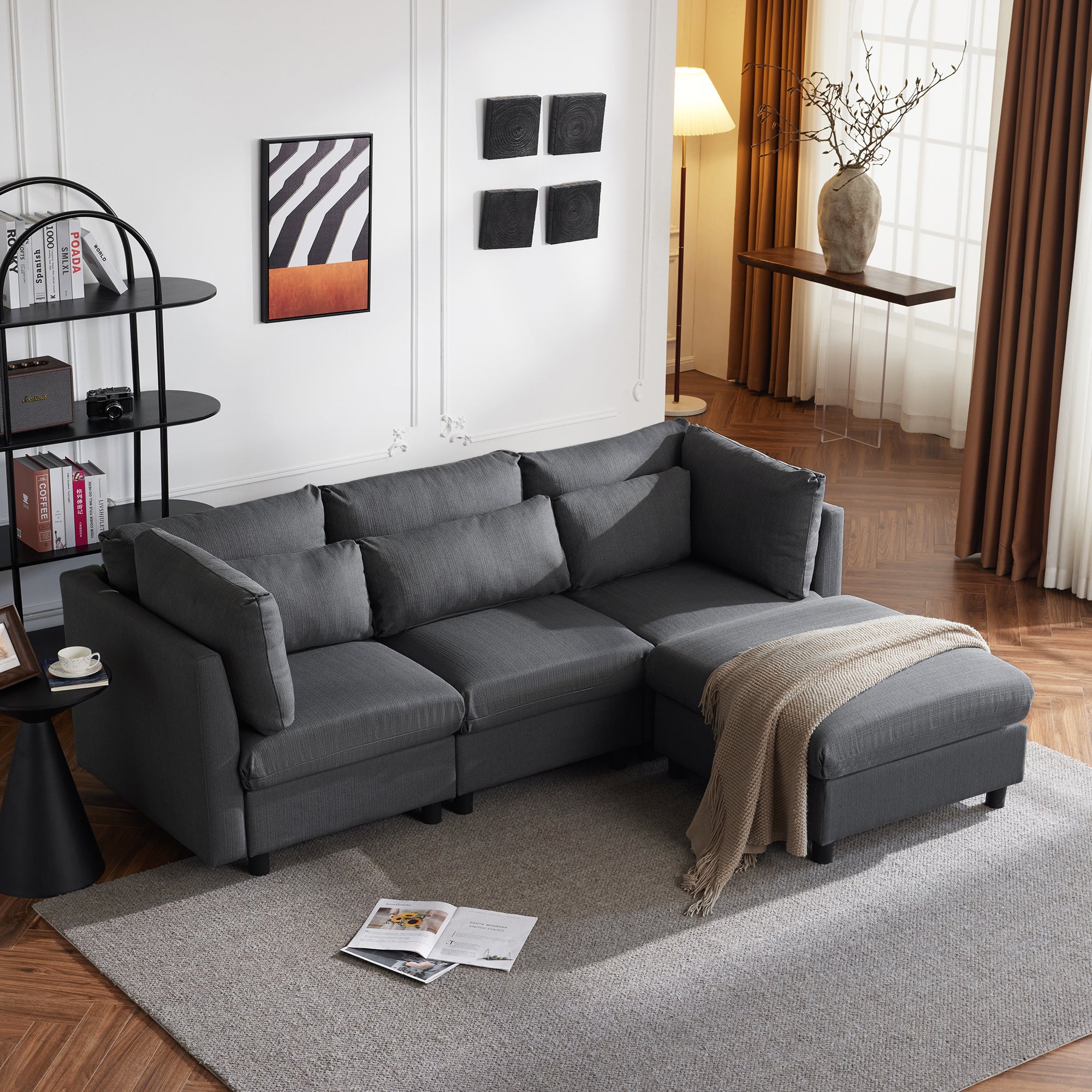 Sofa, Three-Seater L-Shaped Corner with Footstool, Upholstered