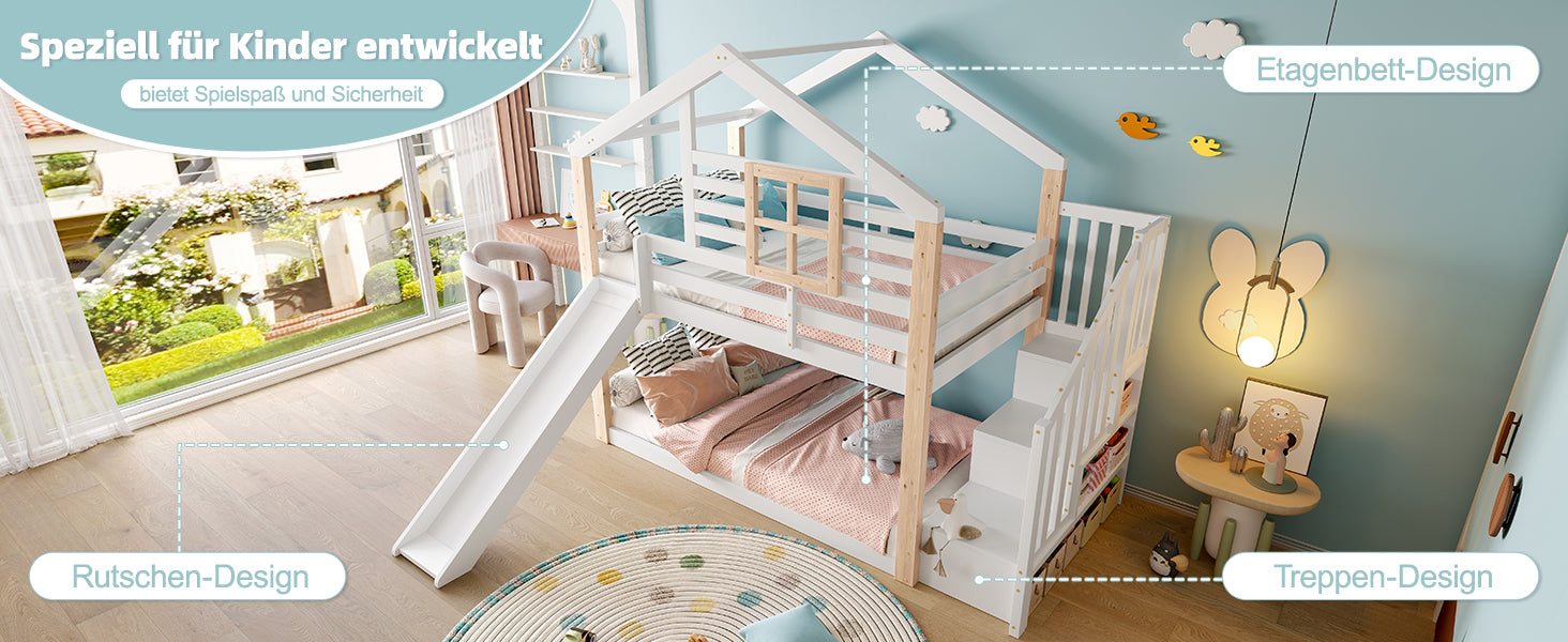 Children's Bunk Bed Slide Stairs Storage - Solid Wood Scandinavian Style