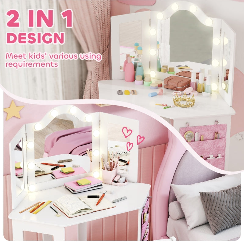 Kids Dressing Table and Stool Set with 2-Colour LED Lights Tri-Folding Mirror, White