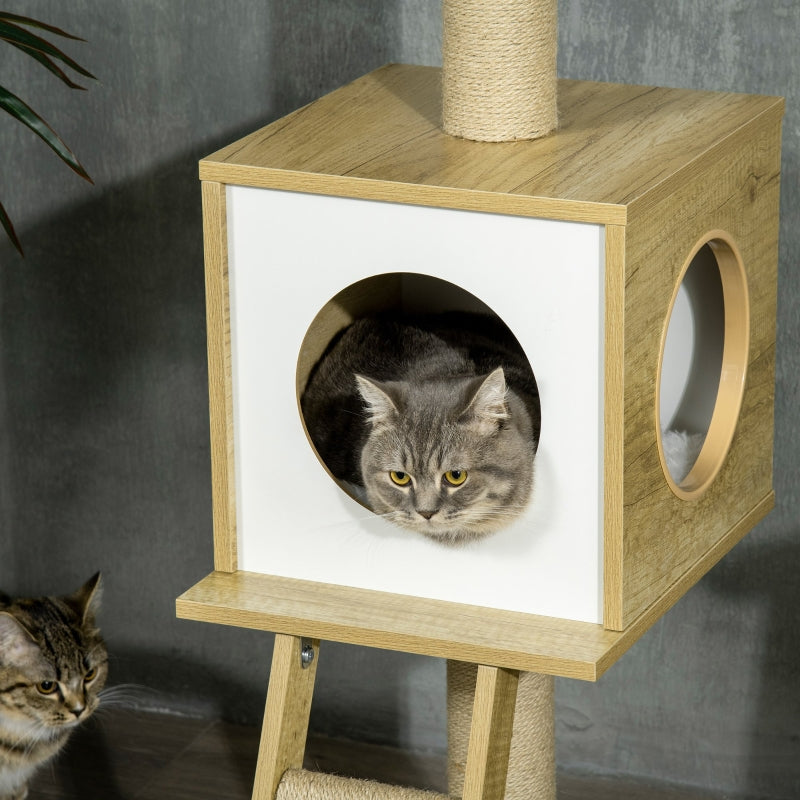 Cat Tree, Ceiling-High Cat House Two Platforms Hammock Anti-Tip, Light Brown + Beige