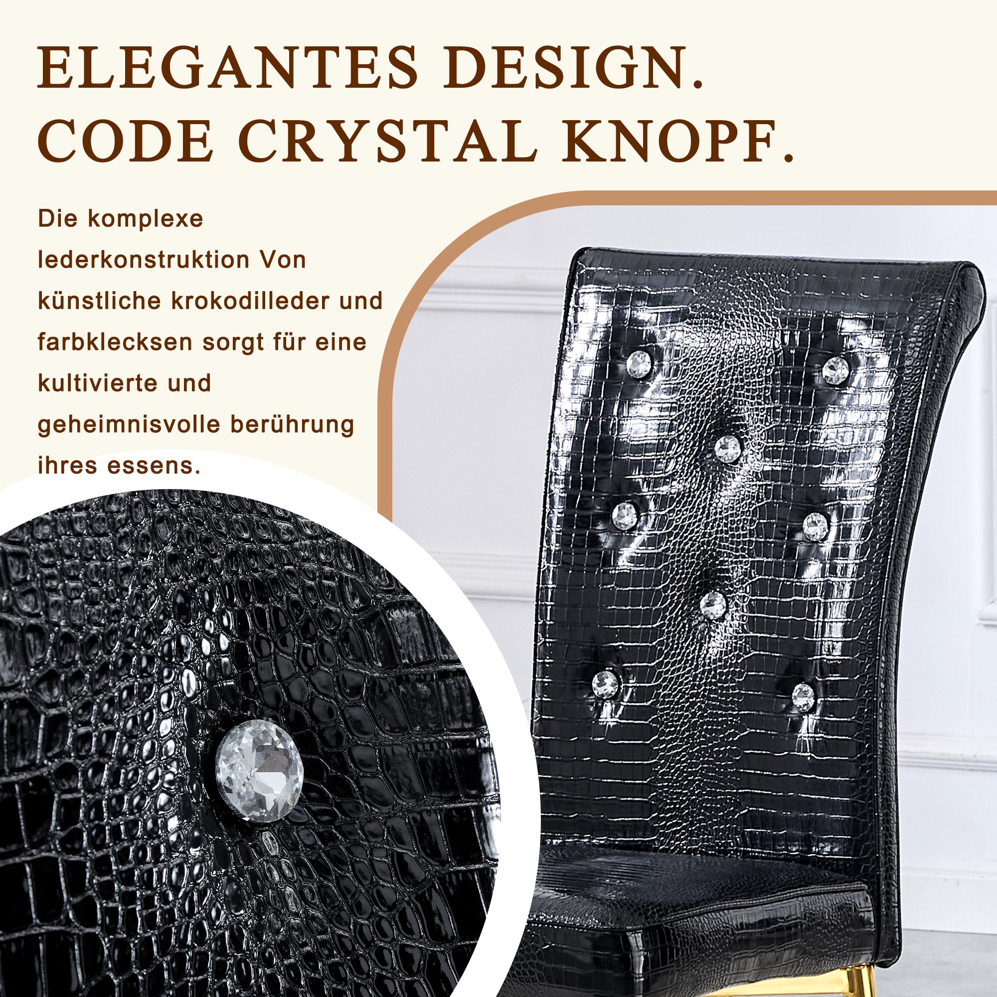 Dining Chairs, Set of 2 Retro Alligator-Skin Upholstered with Crystal Buckle Design, Gold-Plated Metal Legs, Faux Leather