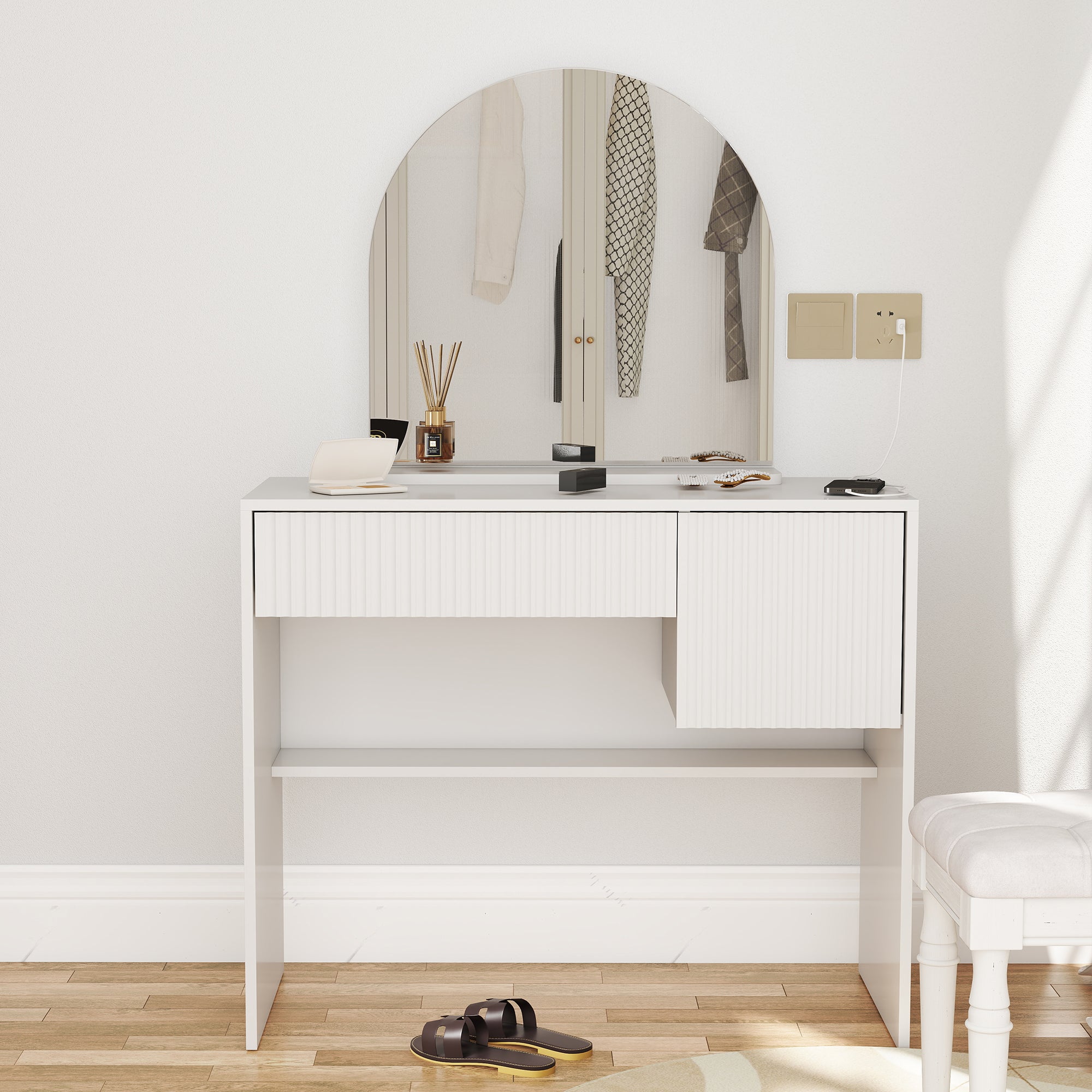 Dressing Table with Mirror, Drawers & Open Shelves - White
