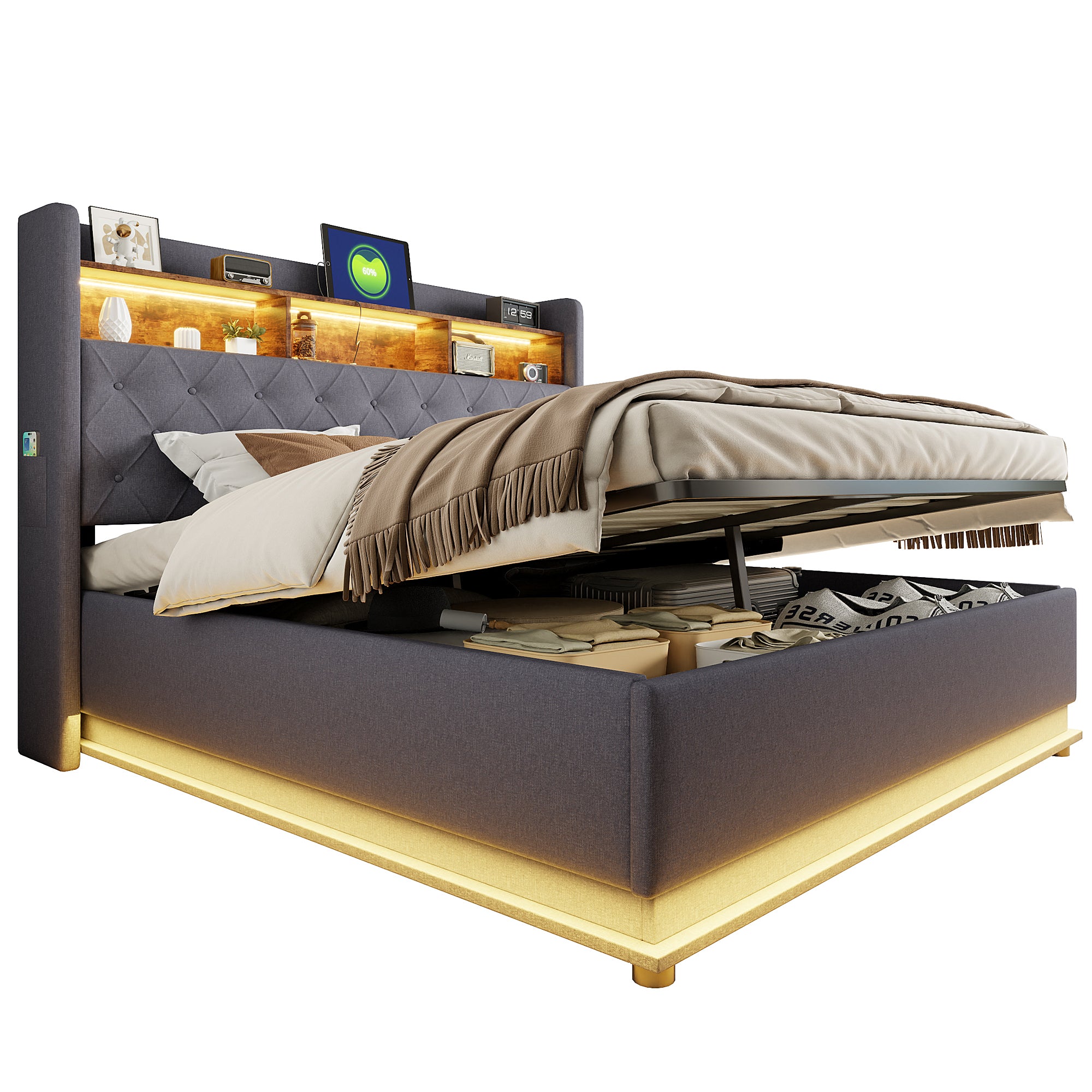 LED upholstered bed with USB and hydraulic storage, linen grey