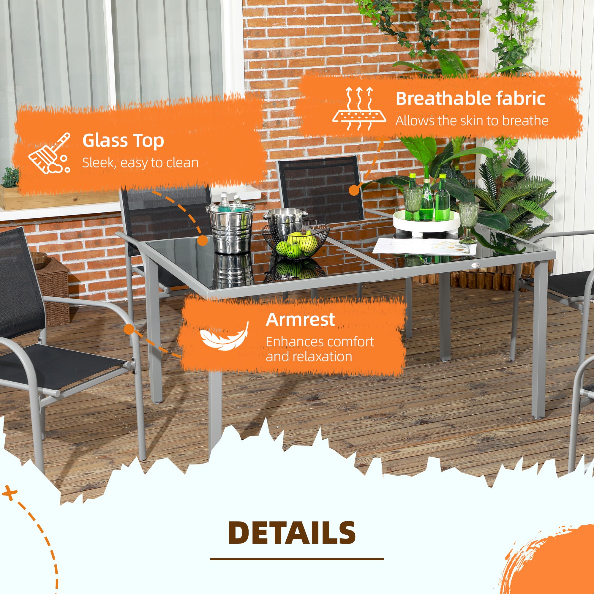 7 Piece Outdoor Garden Dining Set with Table & 6 Stackable Chairs, Steel Frame & Black Glass