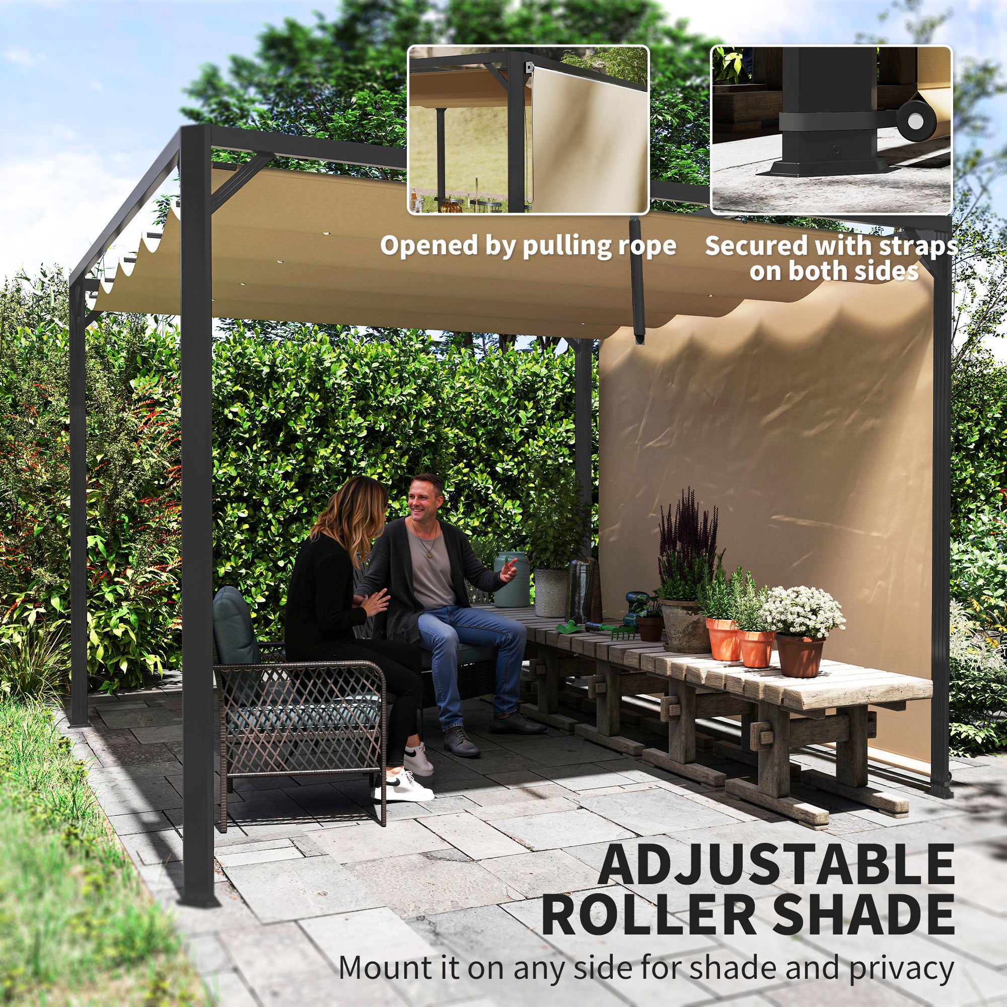 3 x 3m Aluminium Pergola with Retractable Roof and Wall - Khaki