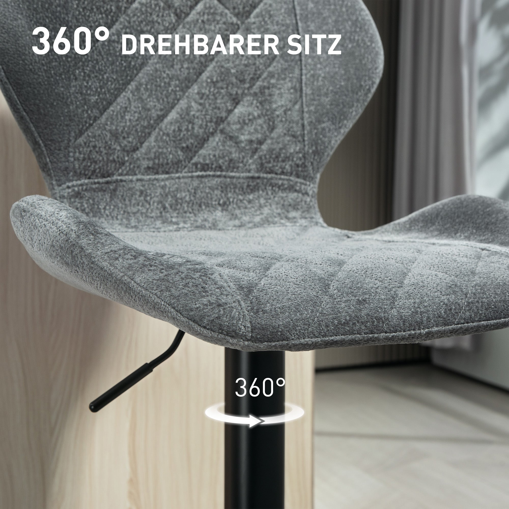 Bar stool set of 2, upholstered with backrest, height-adjustable, 360° rotatable, dark gray chenille look