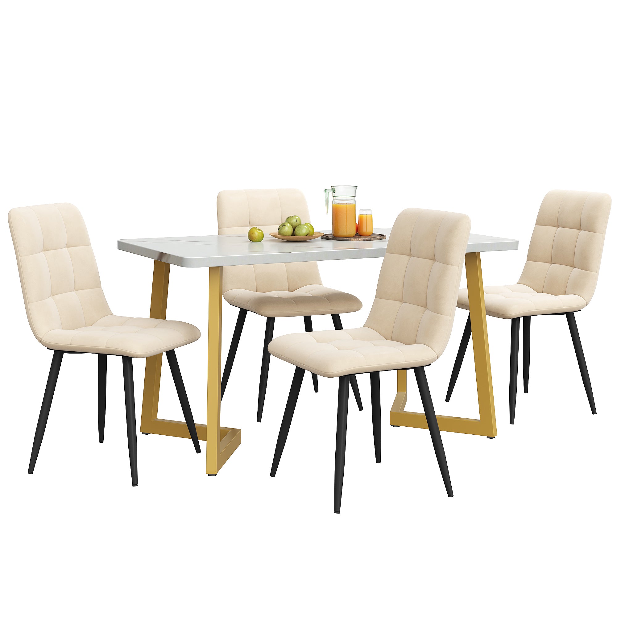 Dining Set 5-Piece 117cm Rectangular Modern Table Beige Velvet Gold Legs
