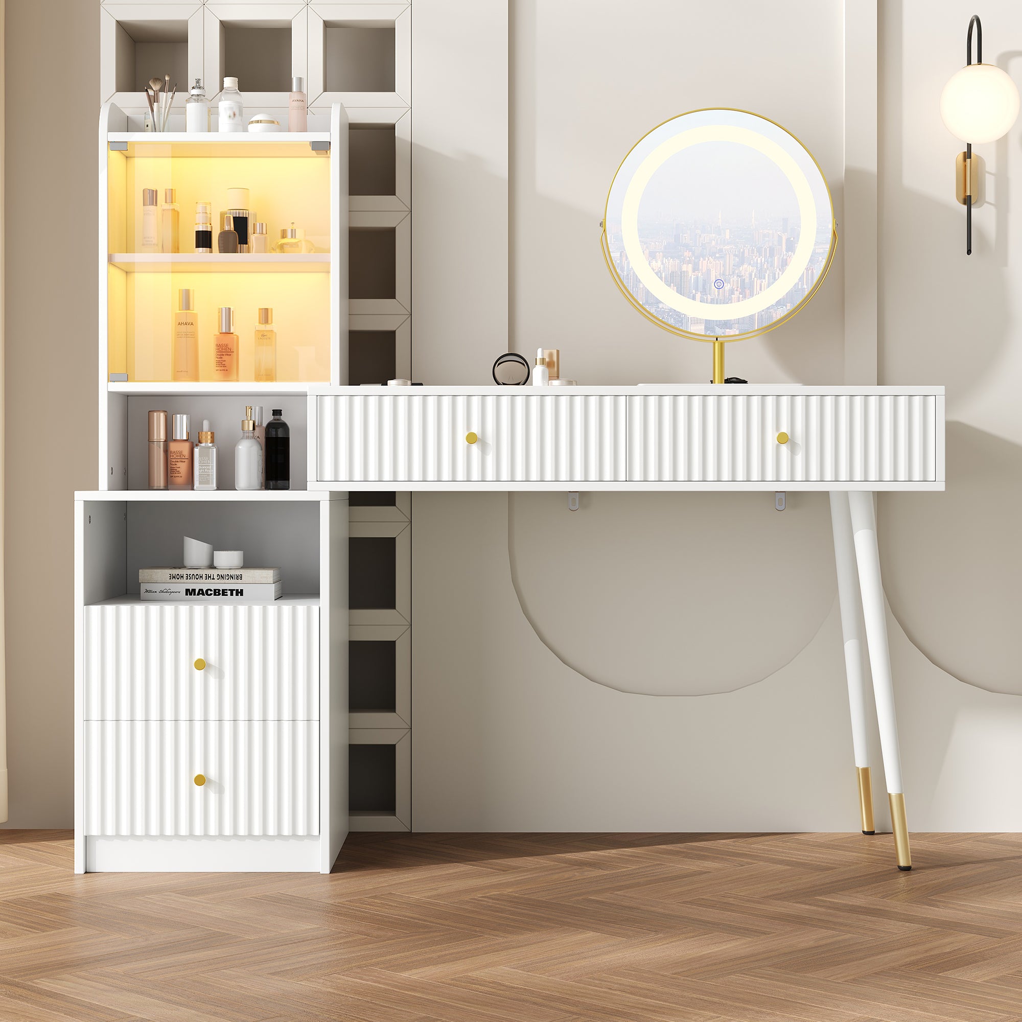 Dressing Table Set Tri-Color LED Mirror 4 Drawers Illuminated Cabinet White