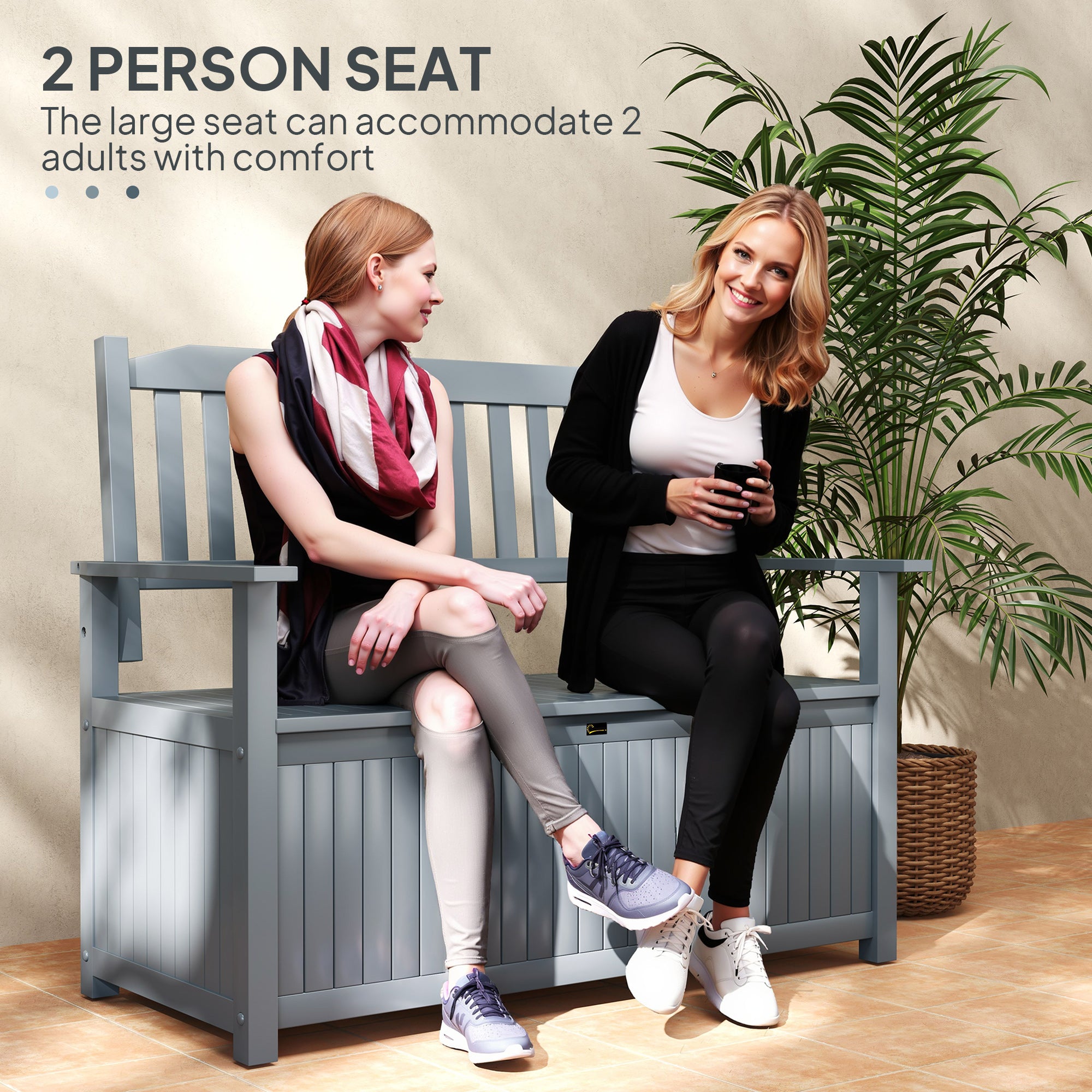 Two-Seater Storage Bench - Wooden, Grey