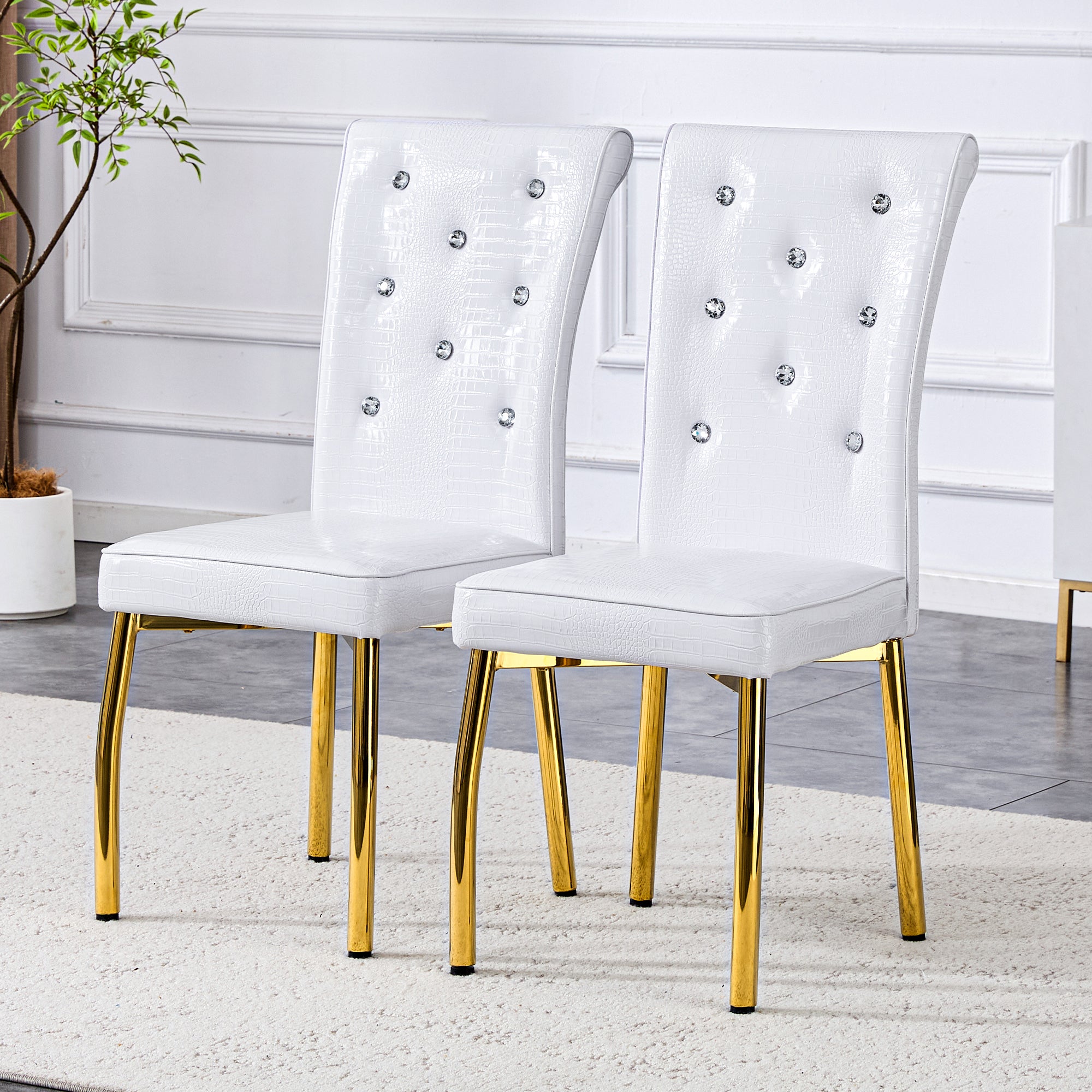 Dining Chairs, Set of 2 Retro Upholstered with Crystal Buckles, Faux Alligator Leather