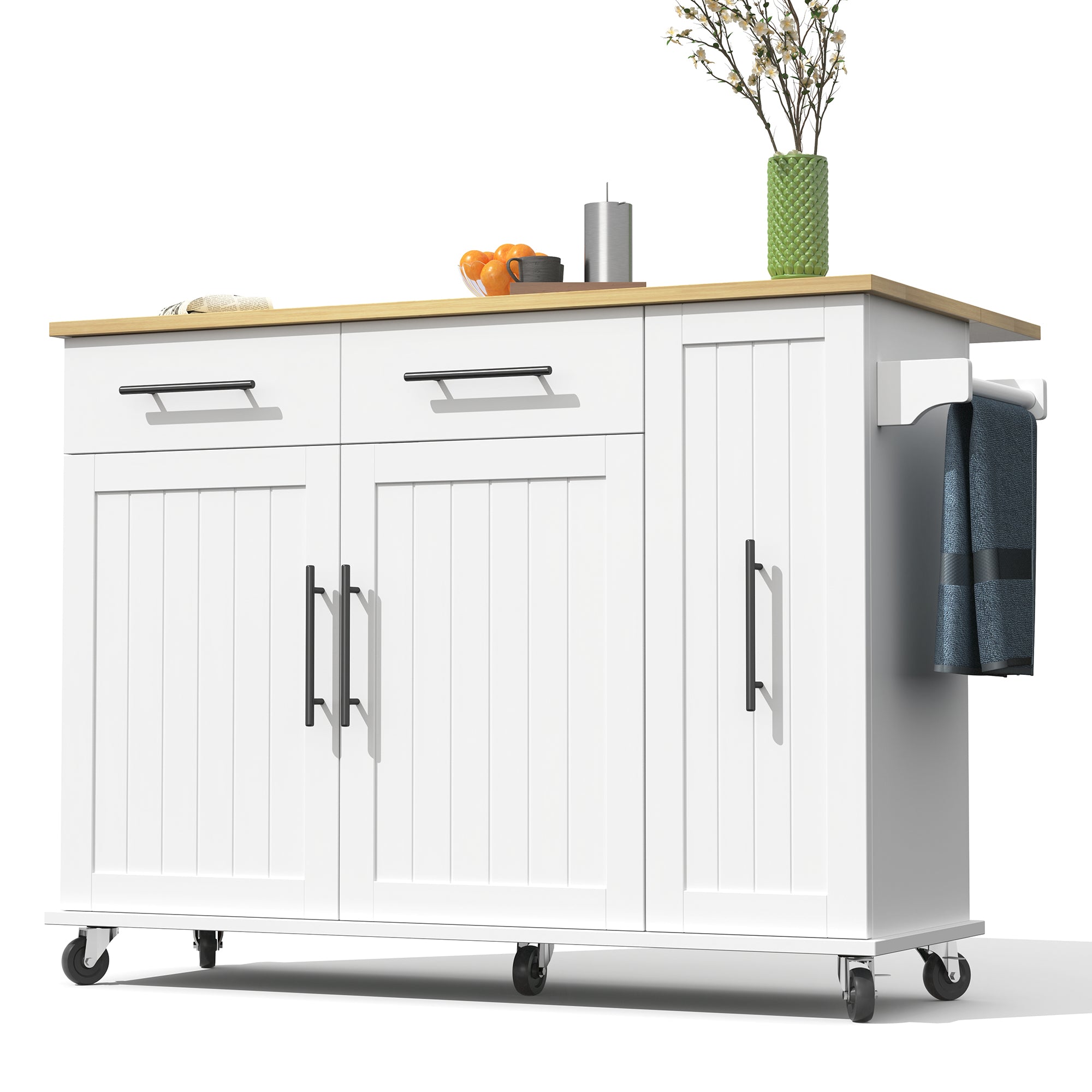 Kitchen Island Drop Leaf Storage Cart Rolling 3-Tier Pull-Out Organizer White