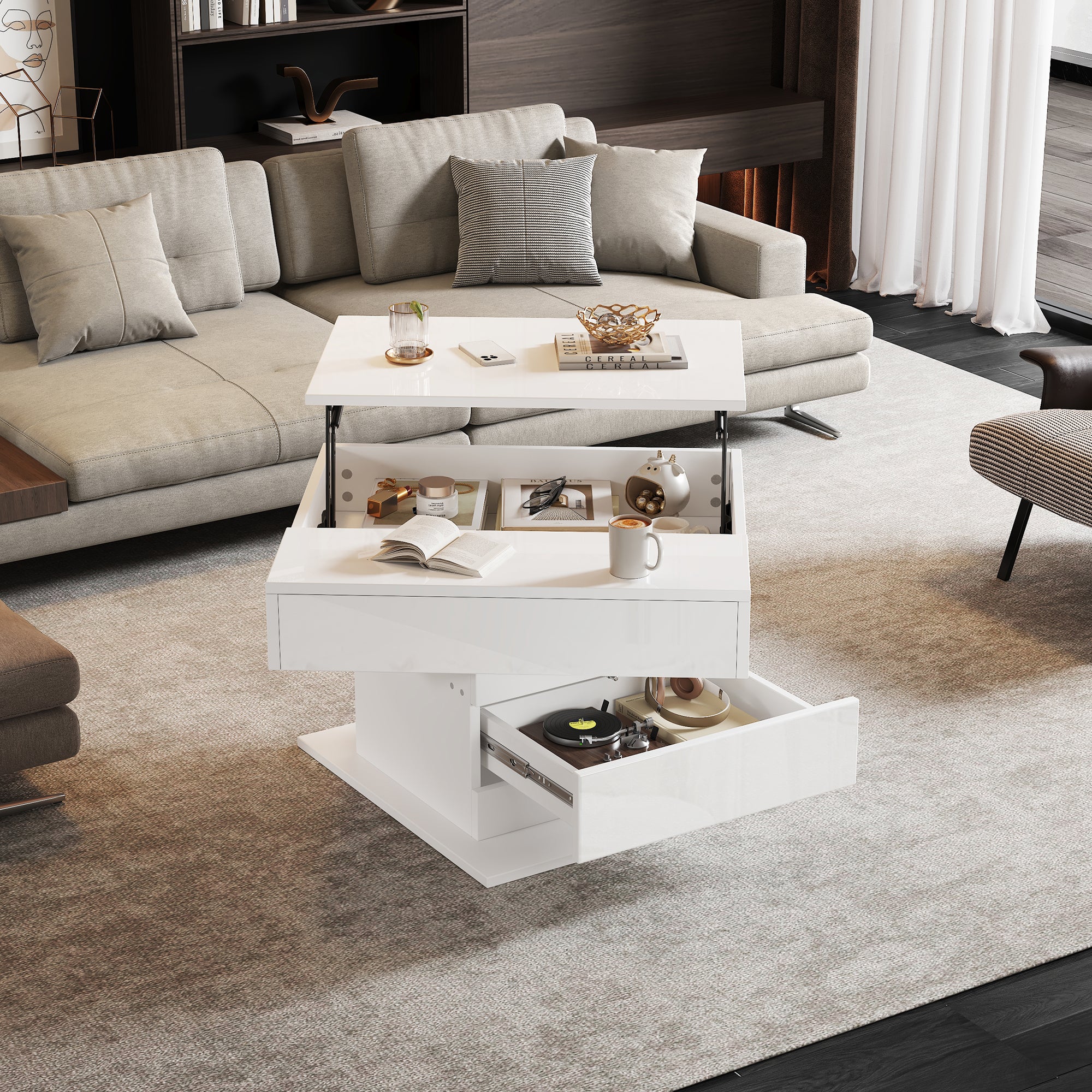 Coffee Table Geometric Lift-Up 360° Swivel Top 1 Drawer Hidden Storage - High-Gloss White