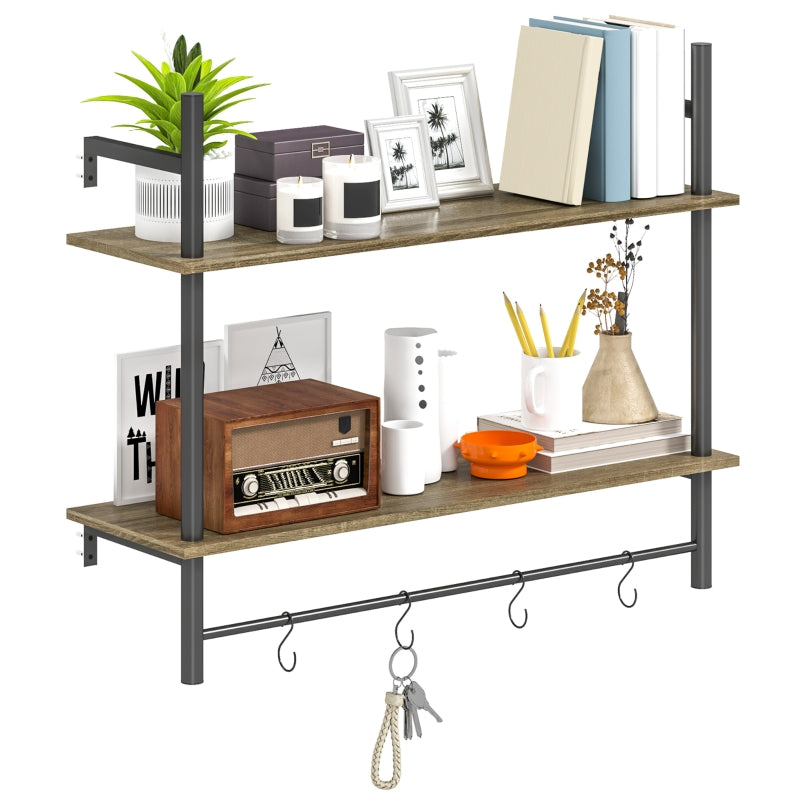 Wall Mounted Floating Shelves, Rustic 2-Tier with 4 Hooks, Grey