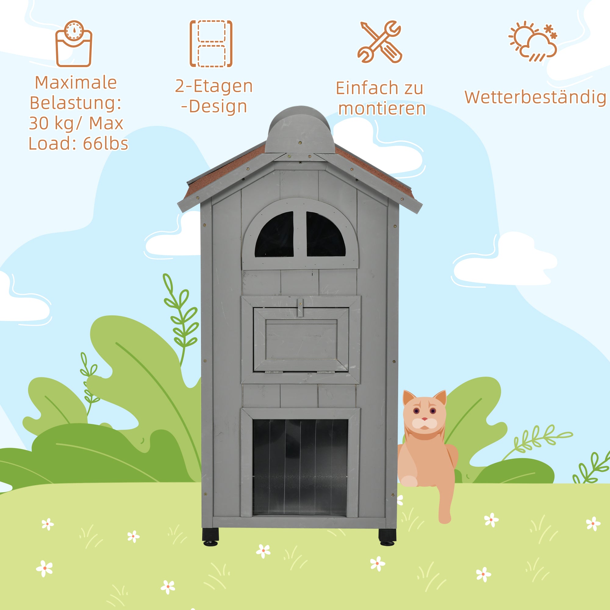 Cat House for Cat Bed or Litter Box, Fir Wood, Grey