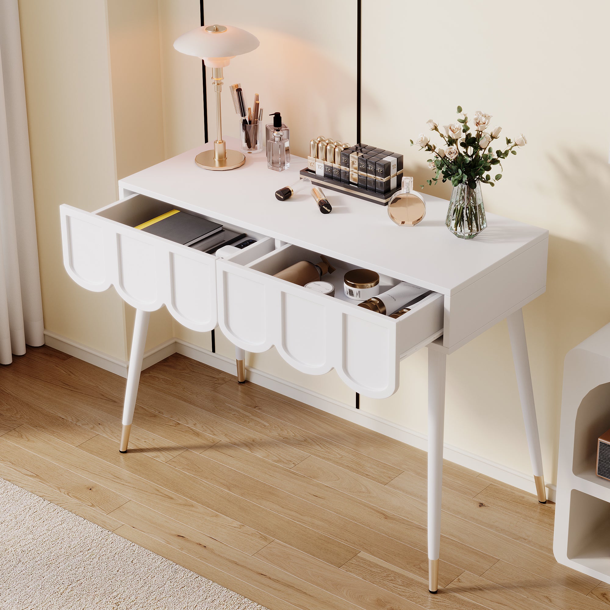 Dressing Table with 2 Drawers and Metal Legs, White