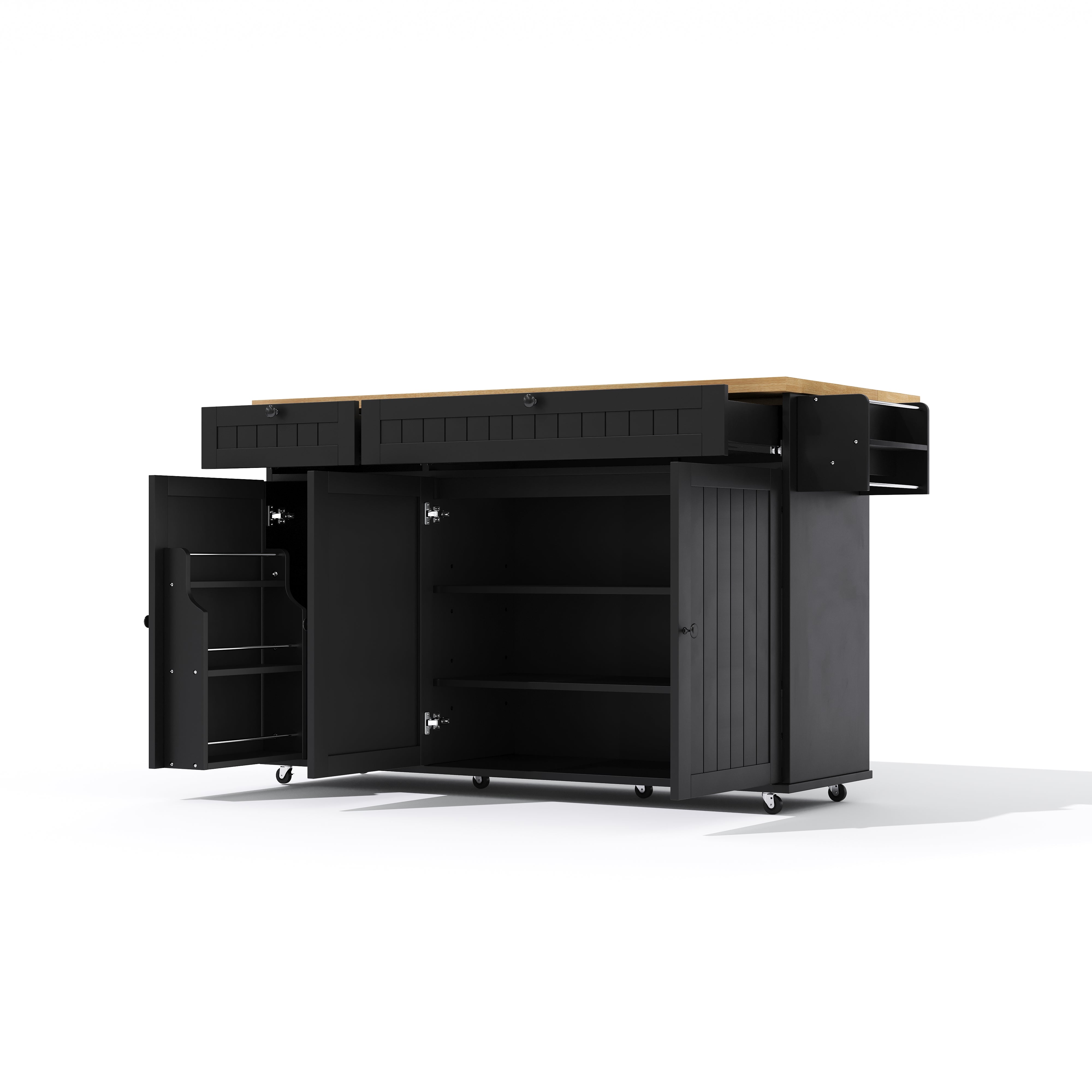Kitchen Island Cabinet with Fold-Down Worktop, 6 Rolling Casters & Storage Drawers, Black