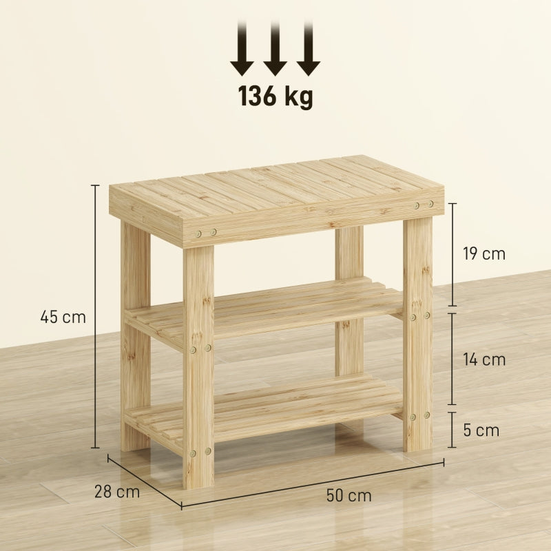 Two Shelf Shoe Storage Bench Natural Bamboo Finish