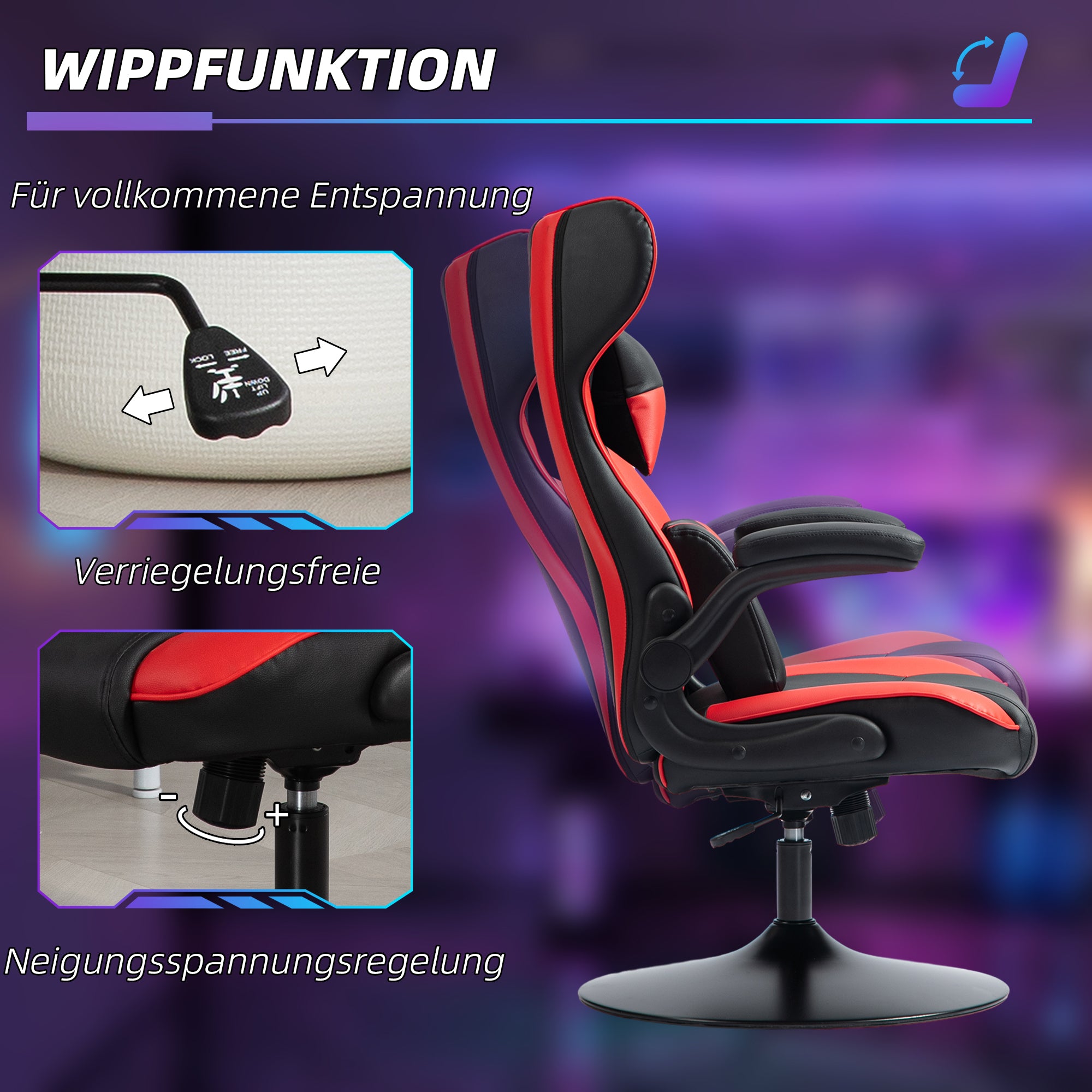 Vinsetto Gaming Chair with Rocker, Ergonomic, Height-Adjustable, Black + Red
