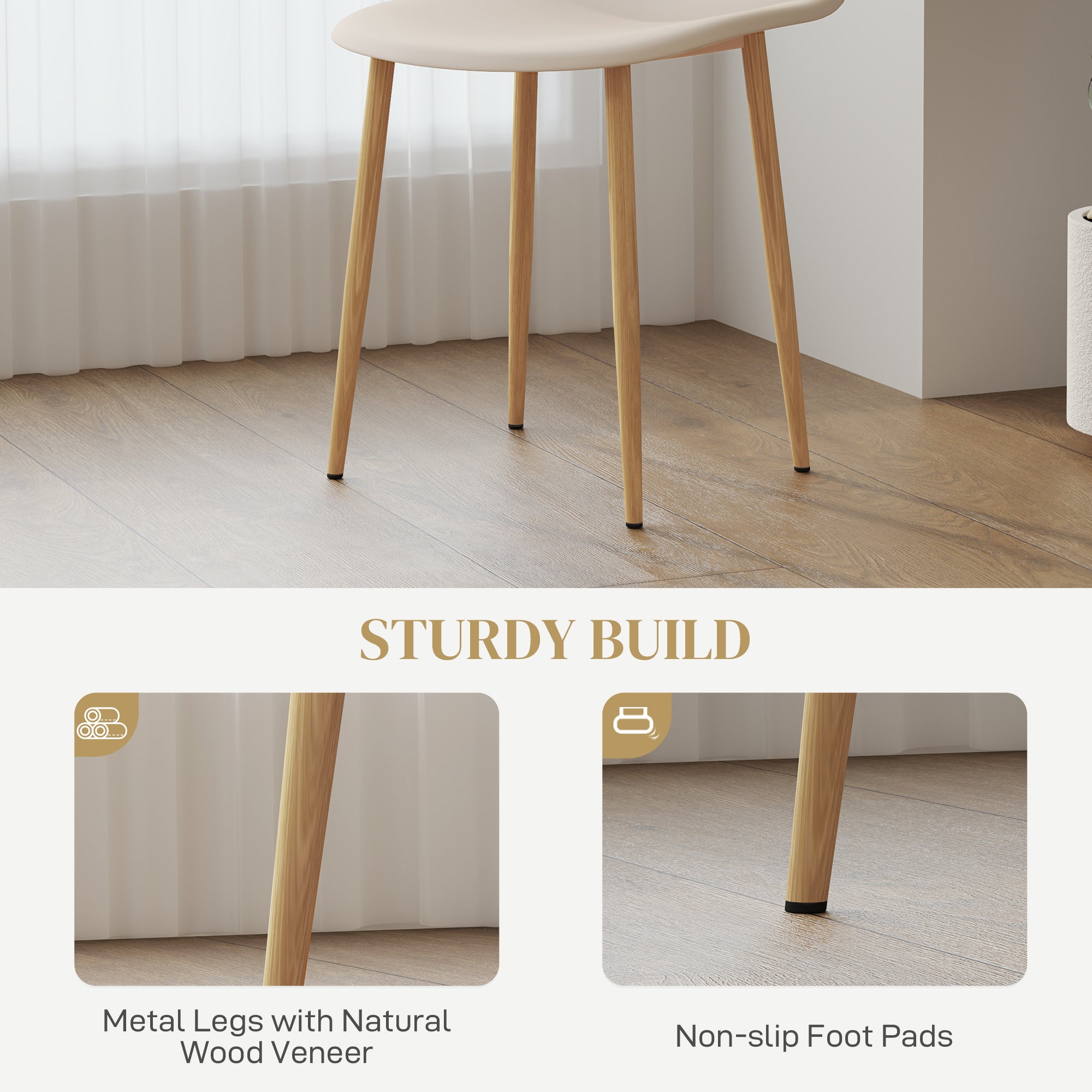 Modern Dining Chairs Set of 4, Backrest and Steel Legs, Khaki