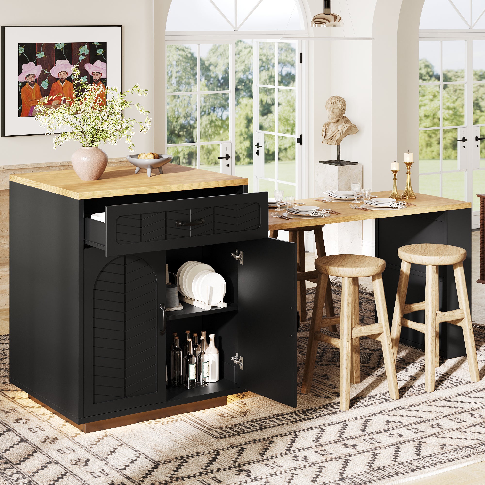 Kitchen Island with Pull-out Table and Storage Drawers, Black and White