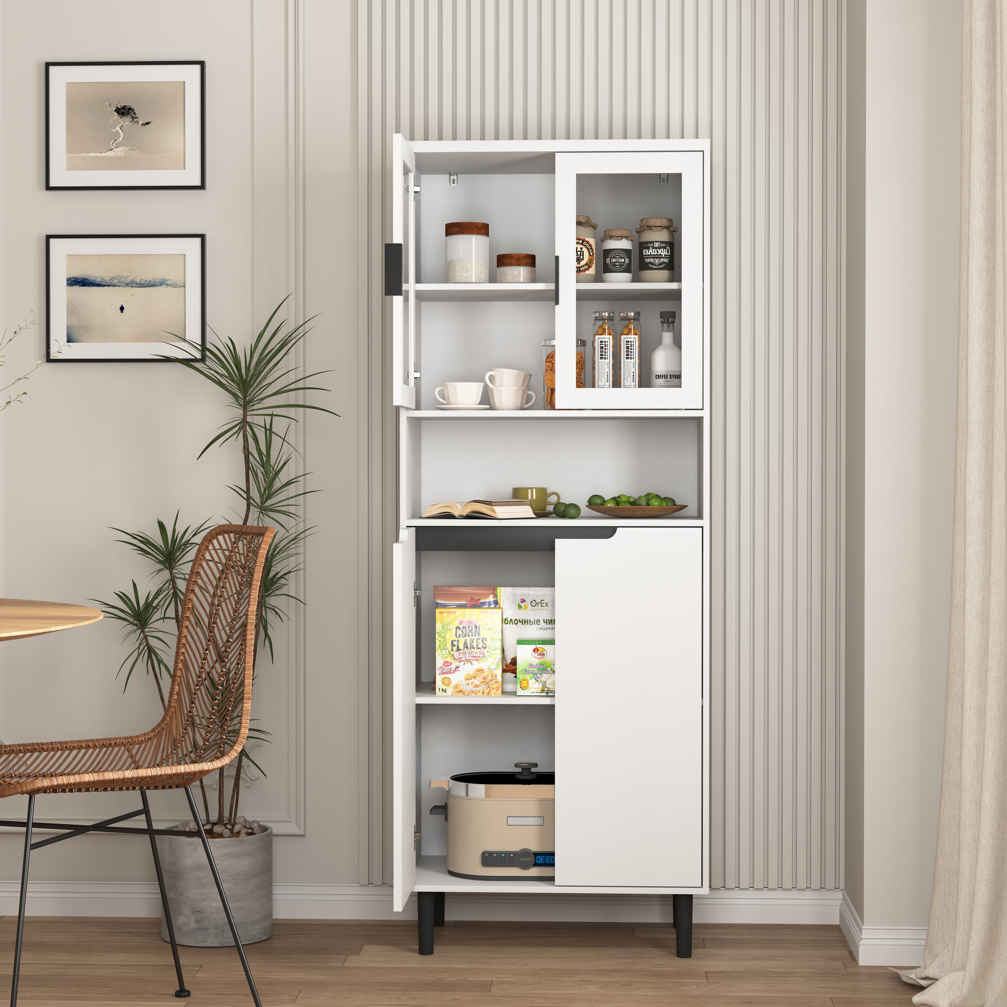 Tall Bookcase 4-Door Tempered Glass Adjustable Shelf - White