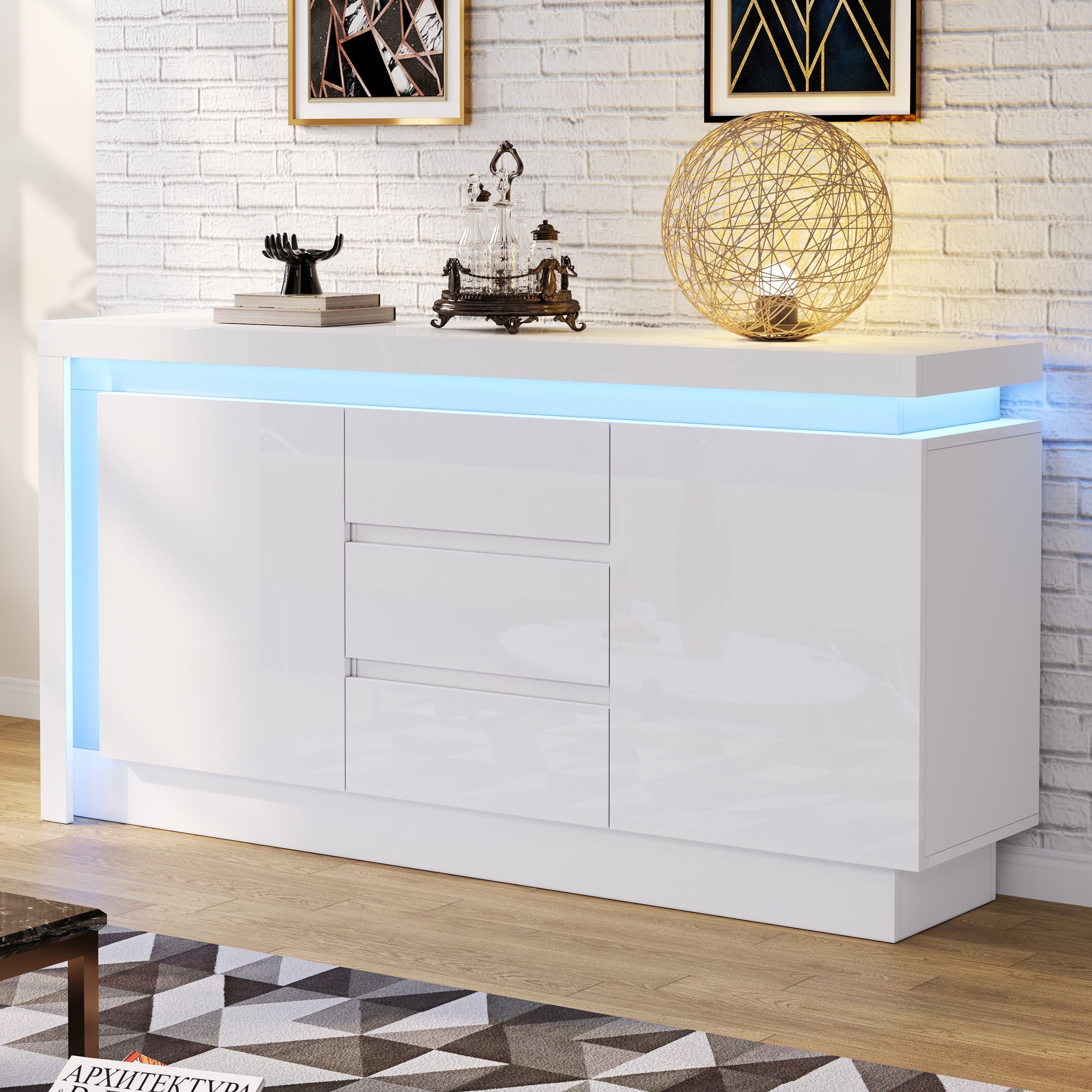 Sideboard, 140x35x72cm, 3 Drawers, 2 Doors, Adjustable Shelves, LED, High-Gloss White