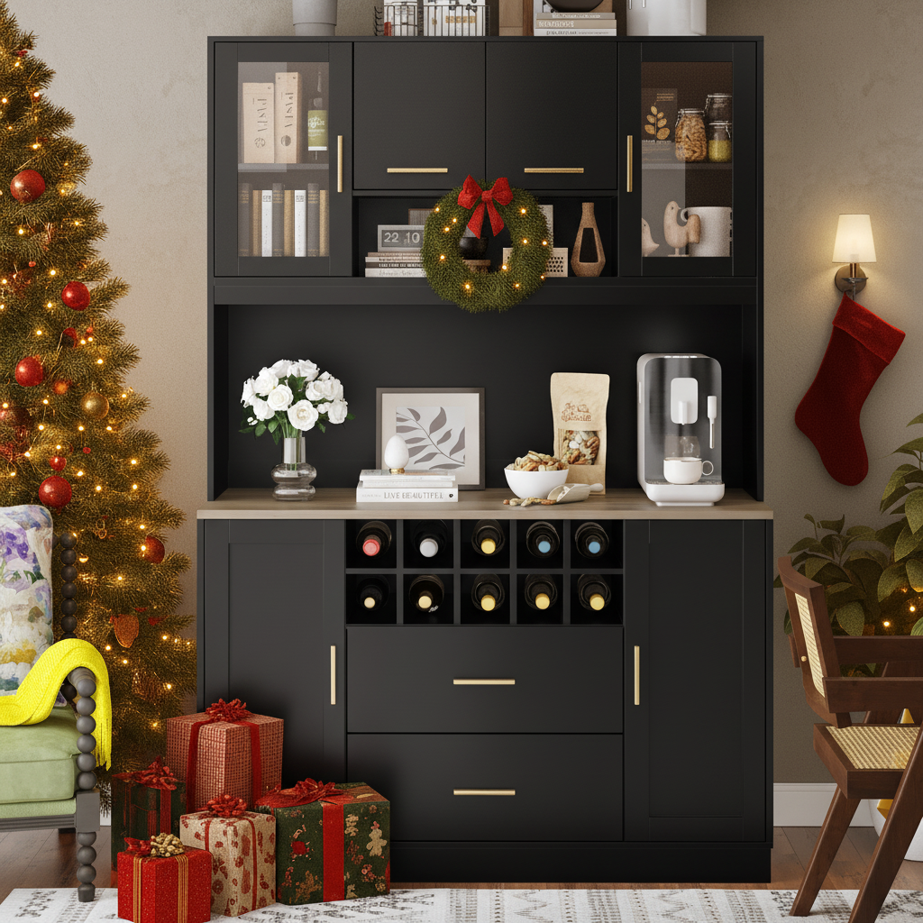 Sideboard with LED Lighting and Power Socket, 6 Doors and 2 Drawers, Black and Gold