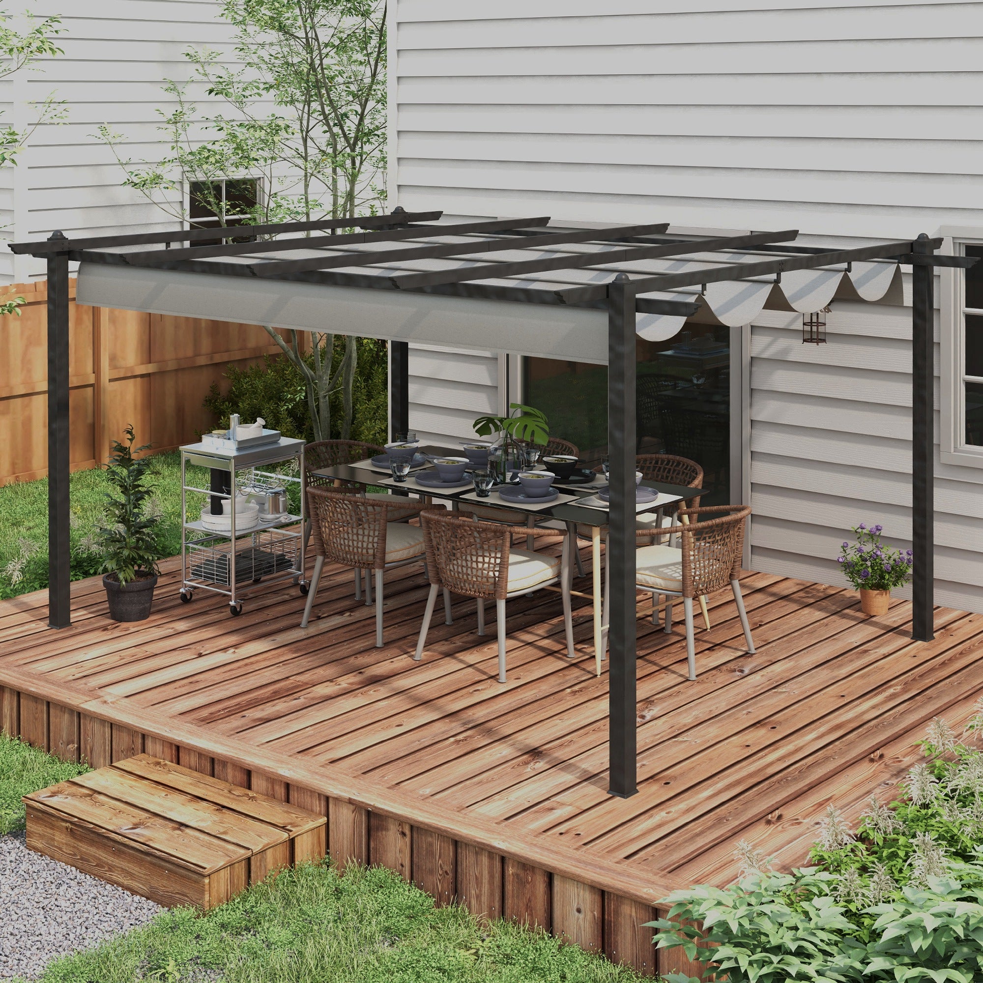 4 x 3(m) Pergola with Retractable Roof, Garden Gazebo, Aluminium Grey