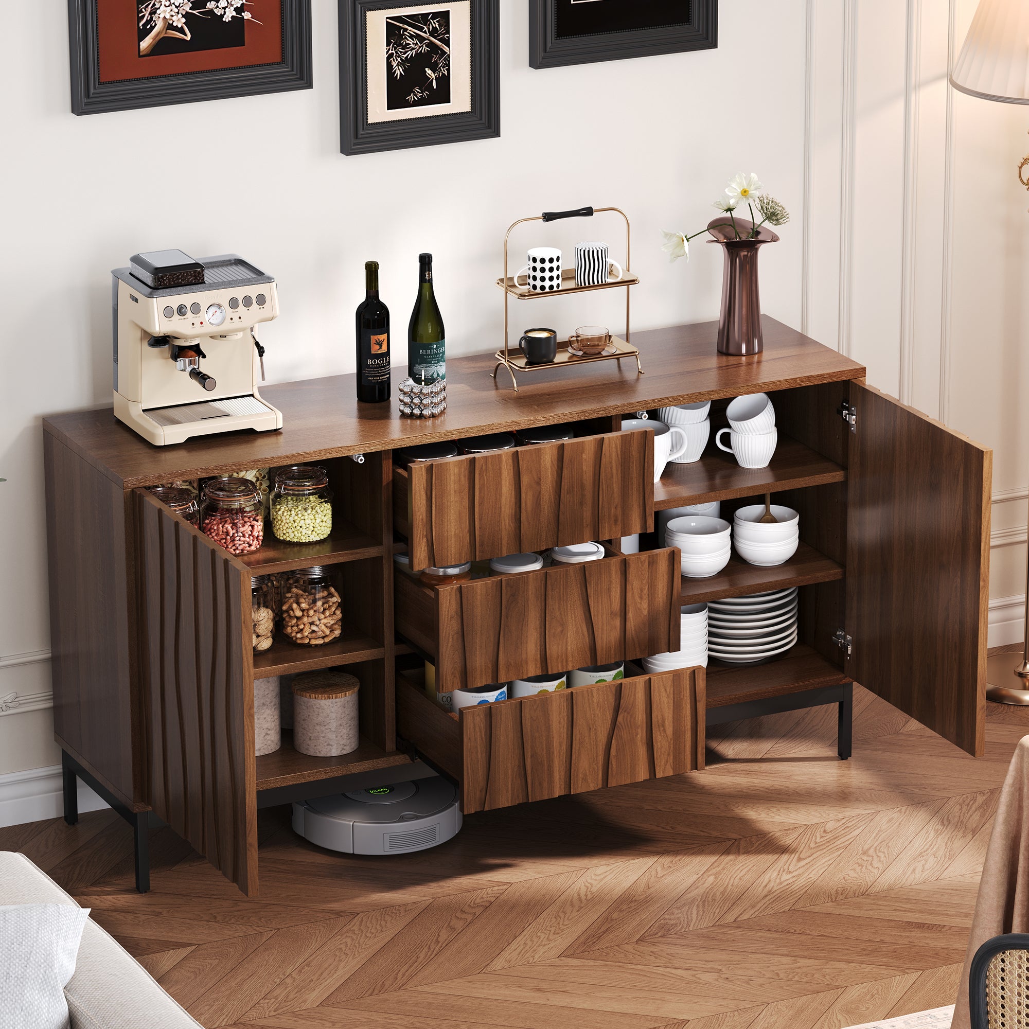 Sideboard 150cm with 3 Drawers and One-Piece Cutout, Dark Grained Oak
