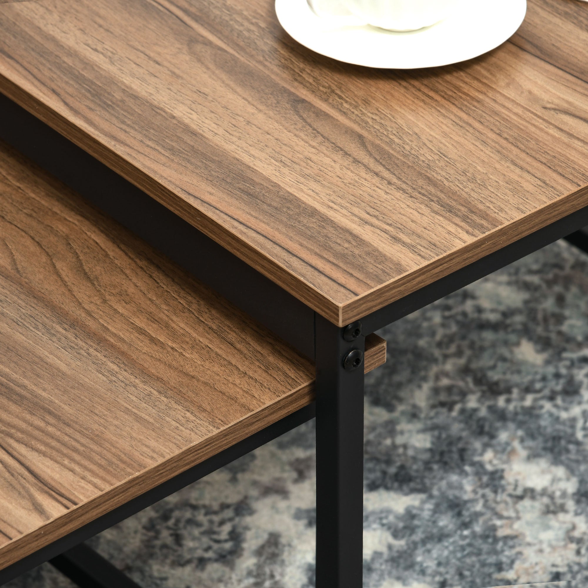 Coffee Table 2 Side Tables Industrial Design with Wood Look and Steel in Natural