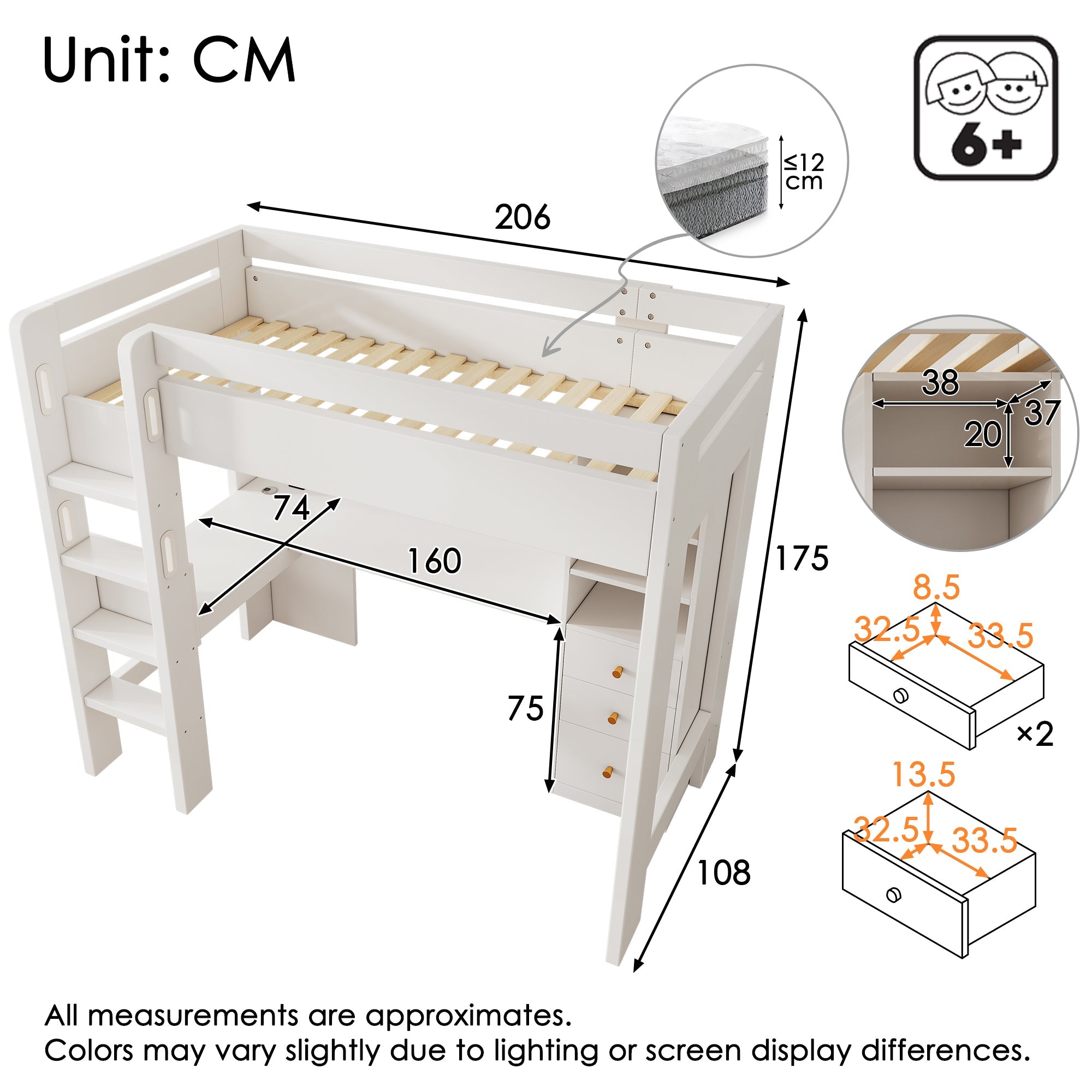 Children's Loft Bed with L-shaped Desk, Shelves, Drawers, USB/Type-C Charging Area, White