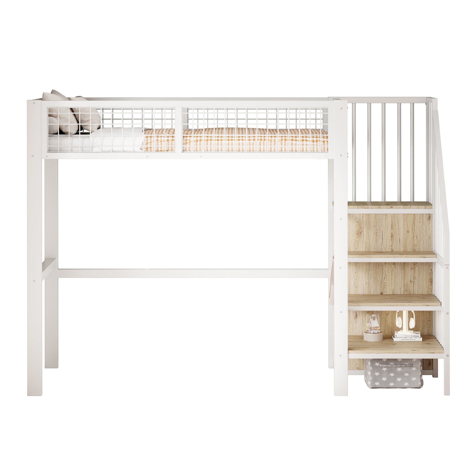 Loft Bed with Ladder, Iron Frame & Storage Shelf, White
