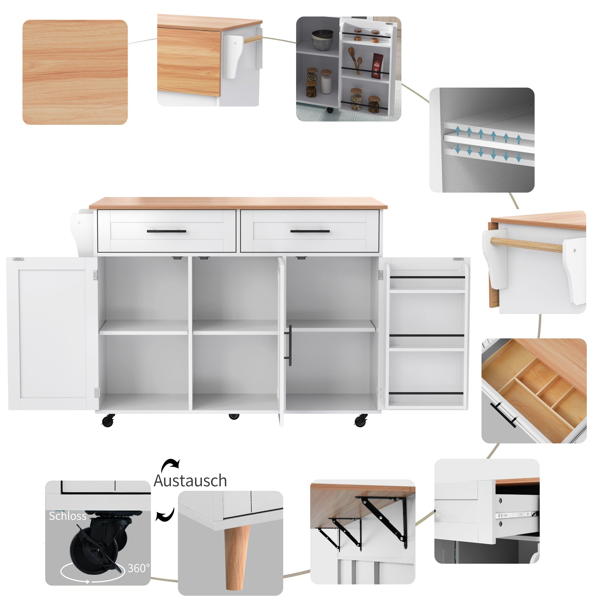 Dining Cart Sideboard 129cm Folding Worktop Storage Cabinet Wheels Reversible Feet - Wood Grain & White