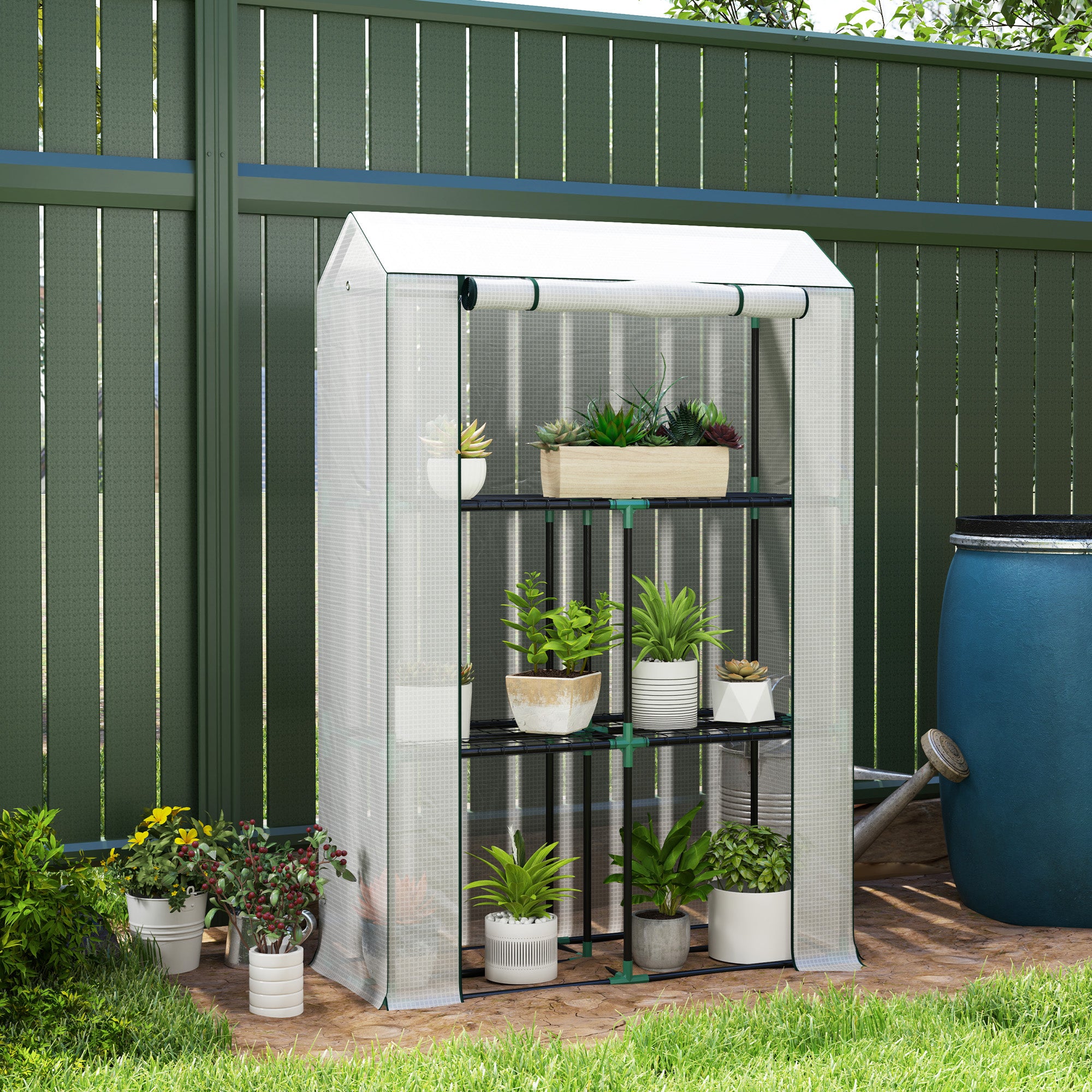 Greenhouse with Shelves, Roller Door, UV Protection, Steel, White